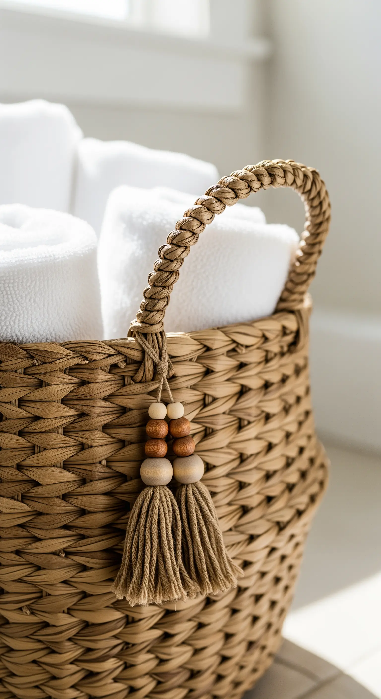 Dettaglio del manico di un cesto in fibra naturale, decorato con una nappa e perline di legno.