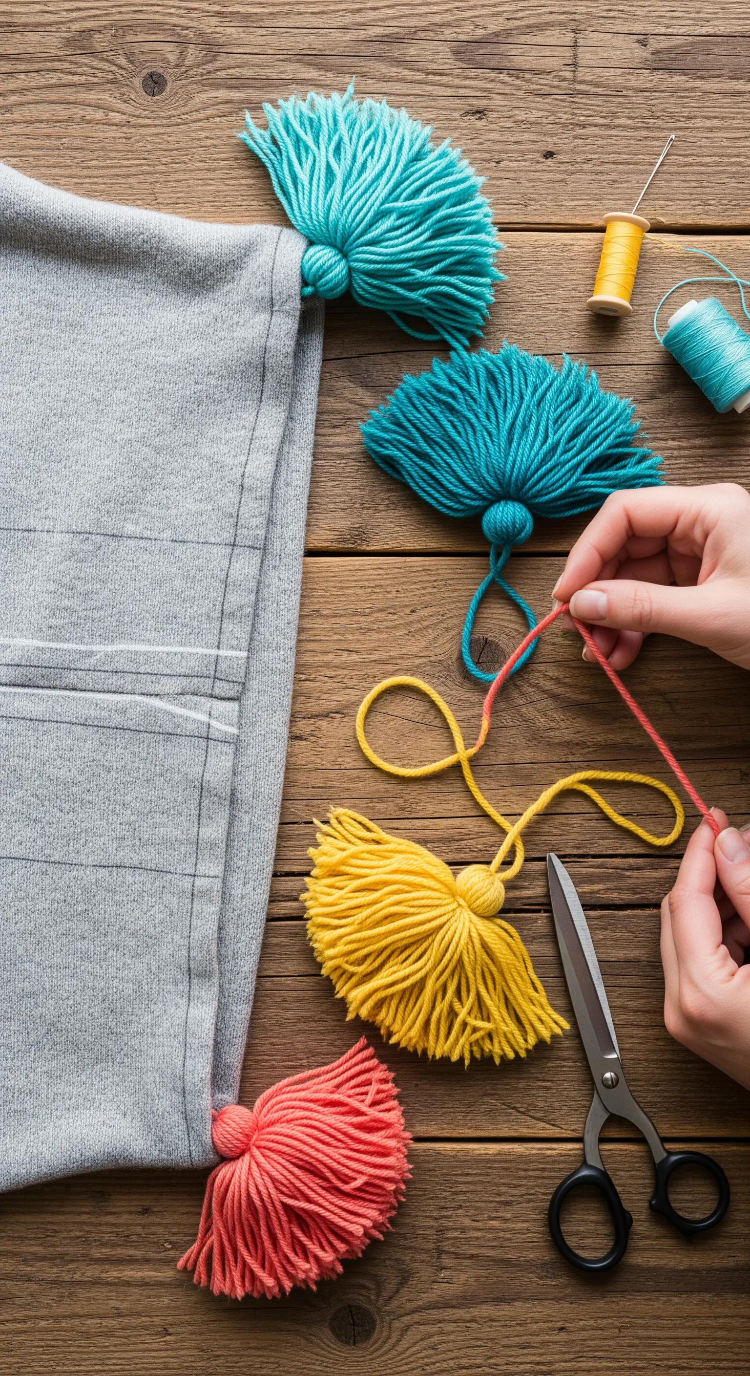 Creazione di nappe colorate in lana da aggiungere agli angoli di una fodera grigia.