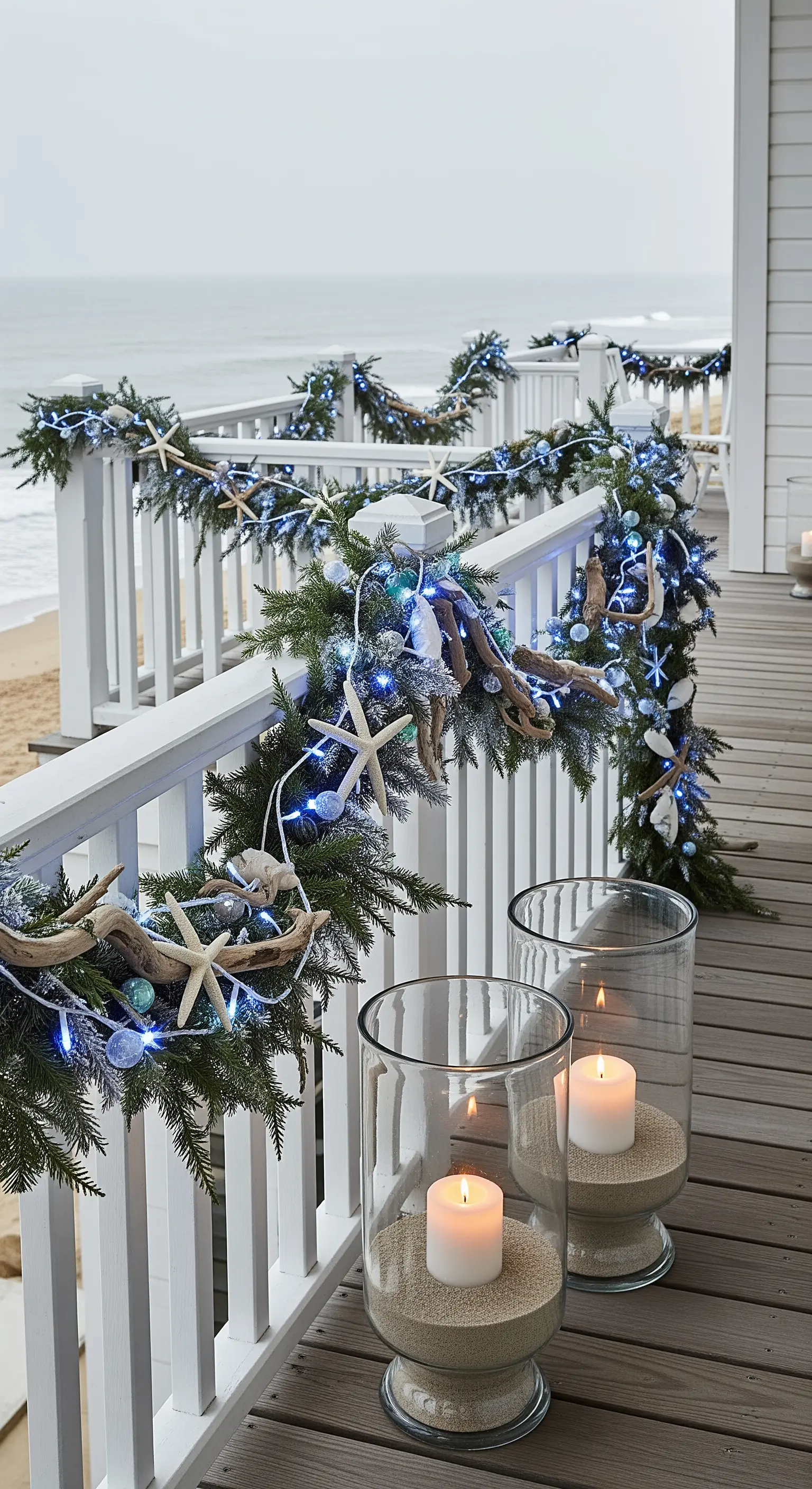 Ghirlanda natalizia su una ringhiera bianca decorata con stelle marine, legni e luci blu