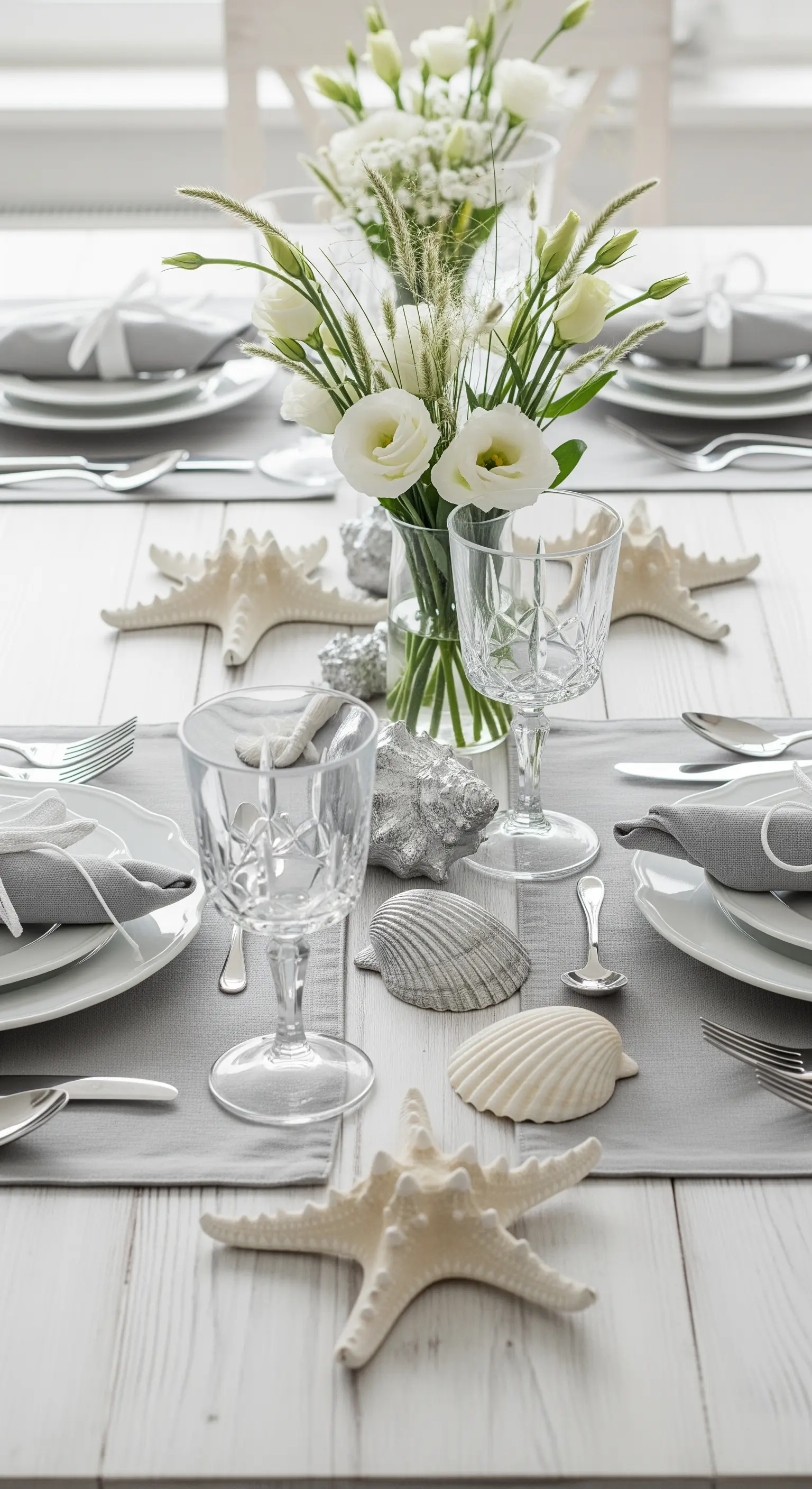 Tavola natalizia a tema marino con conchiglie, stelle marine e tovaglioli grigi su legno bianco.