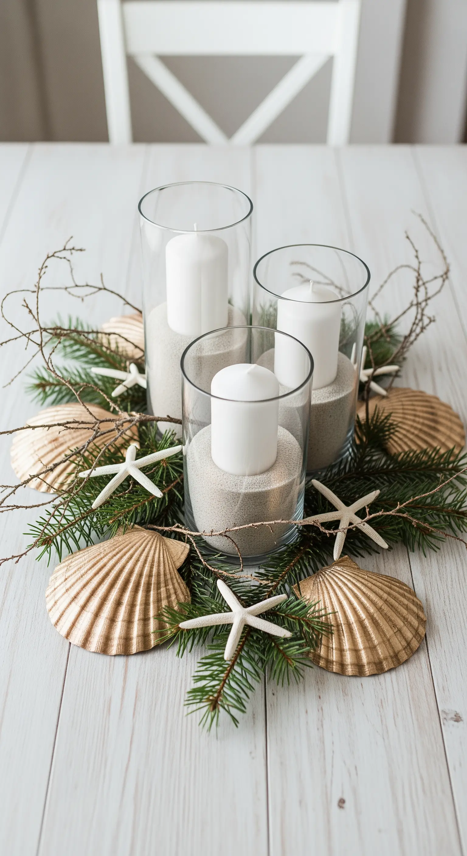 Centrotavola natalizio a tema mare con candele nella sabbia e conchiglie dorate.