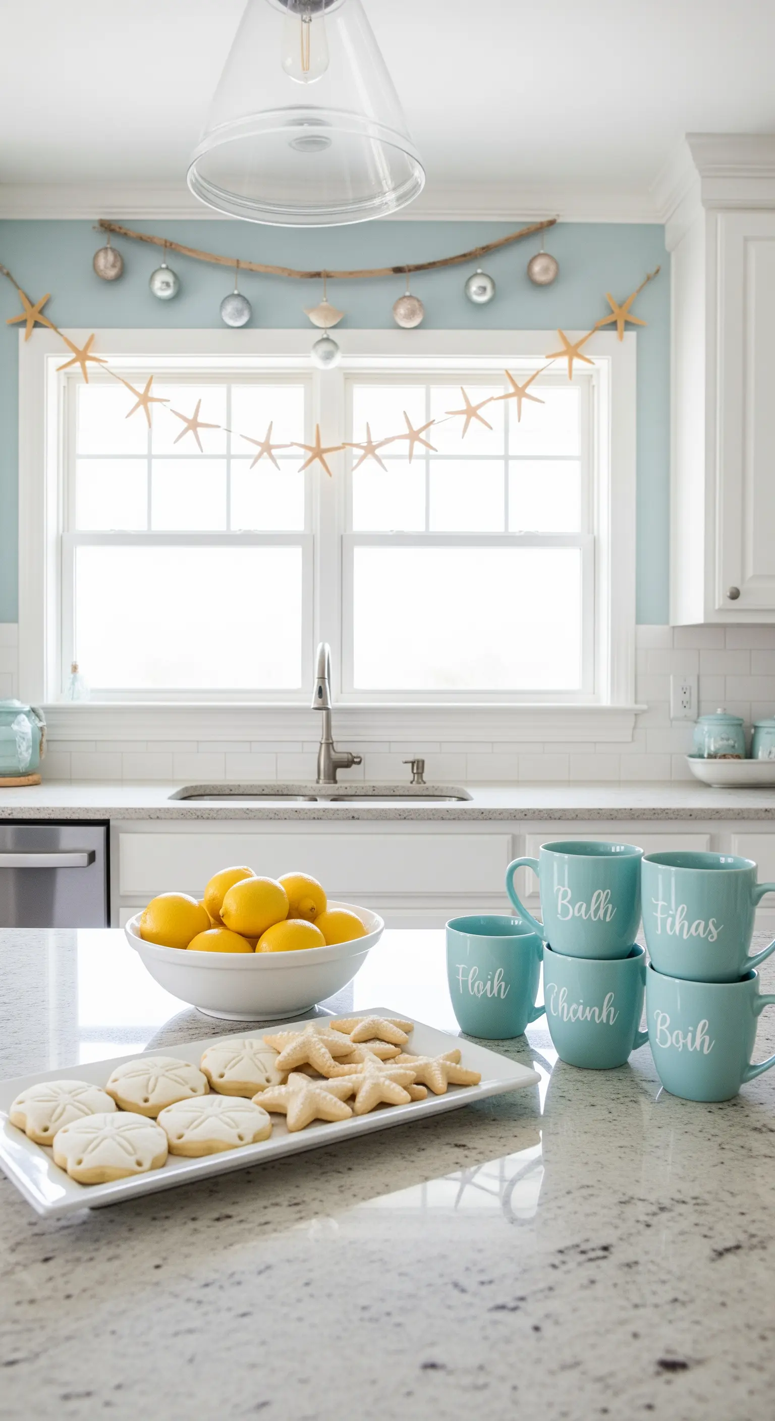 Cucina in stile coastal con ghirlande di stelle marine, tazze turchesi e biscotti a tema marino.