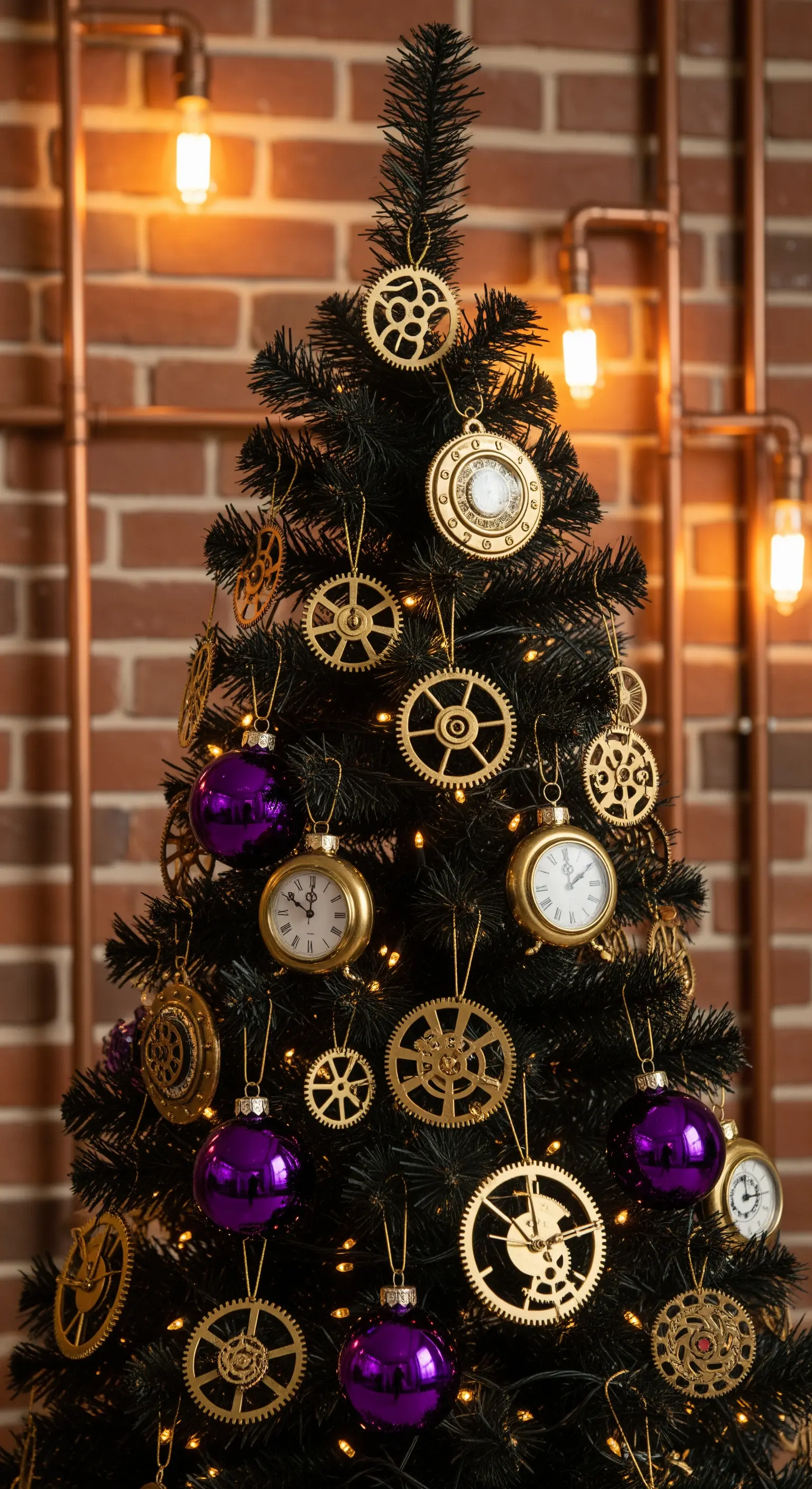 Albero di Natale nero in stile steampunk con ingranaggi, orologi e palline viola.