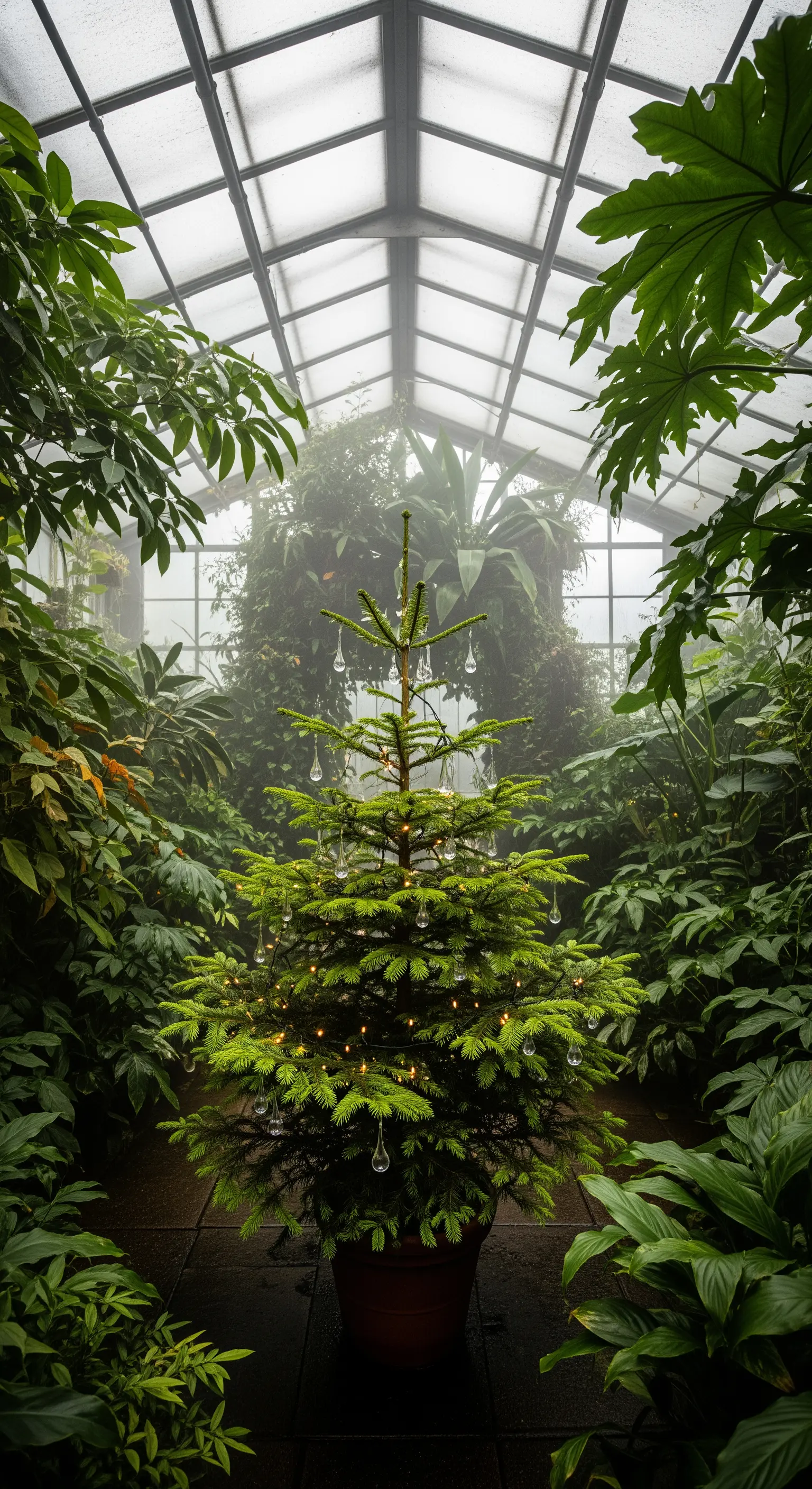 Abete di Natale con decorazioni a goccia di vetro, posizionato all'interno di una serra tropicale