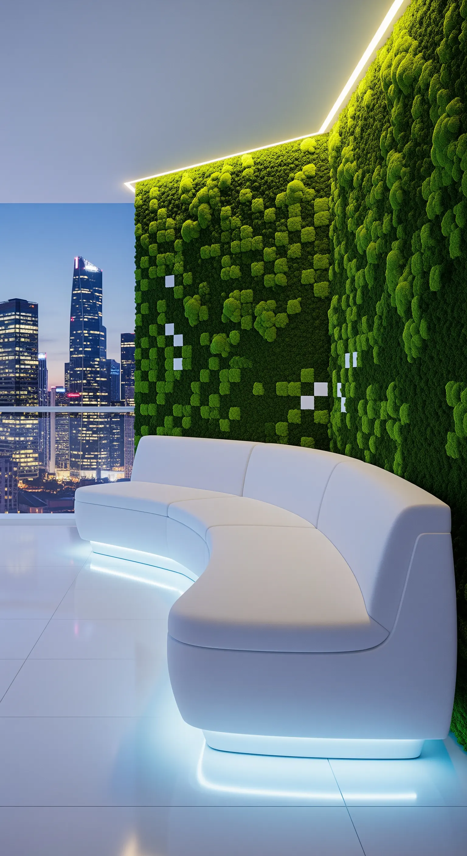 Terrazzo futuristico con divano curvo bianco e una parete di muschio a pattern geometrico.