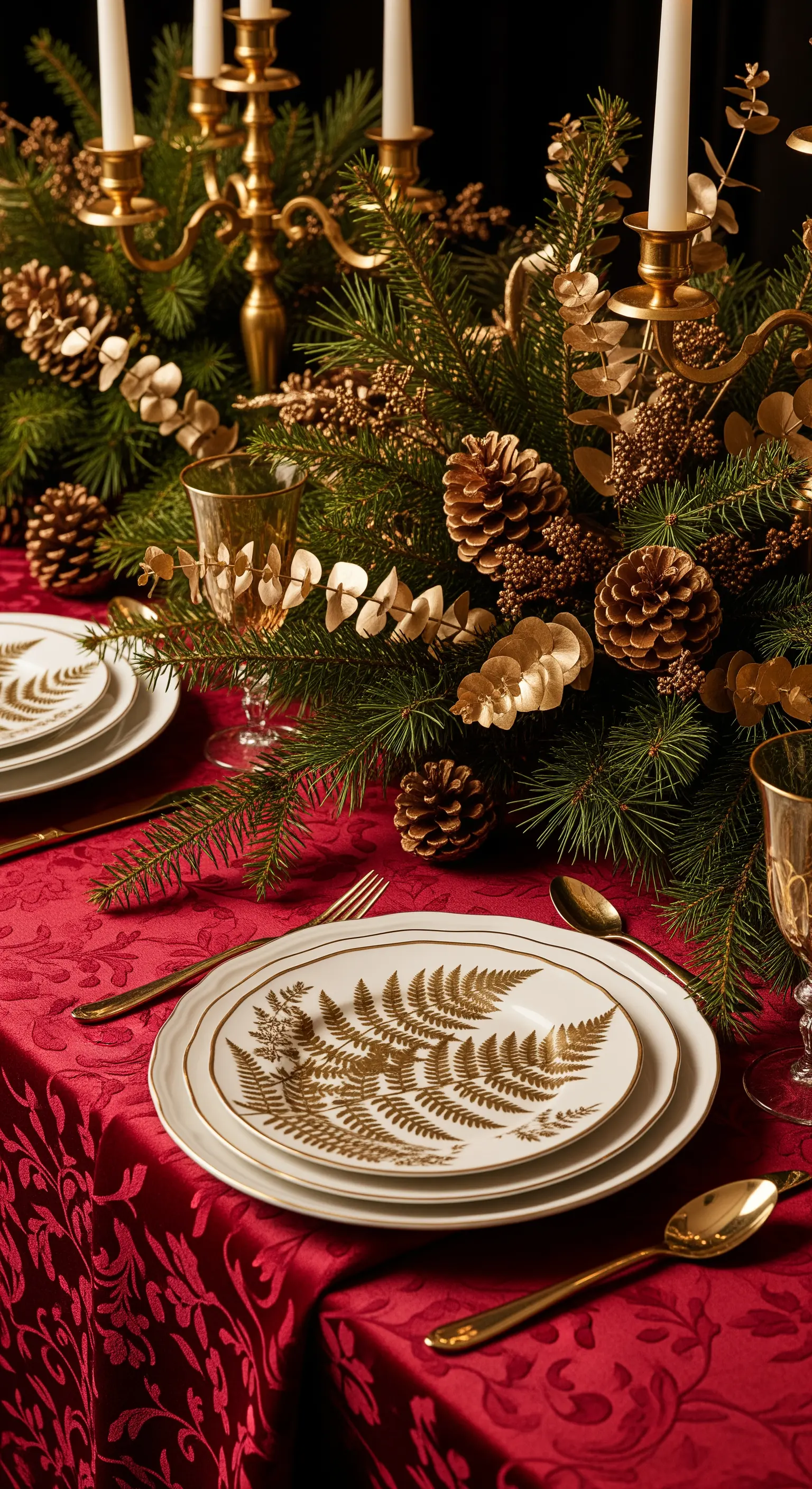 Tavola di Natale elegante con tovaglia rossa, pigne dorate e piatti con decoro a felce.