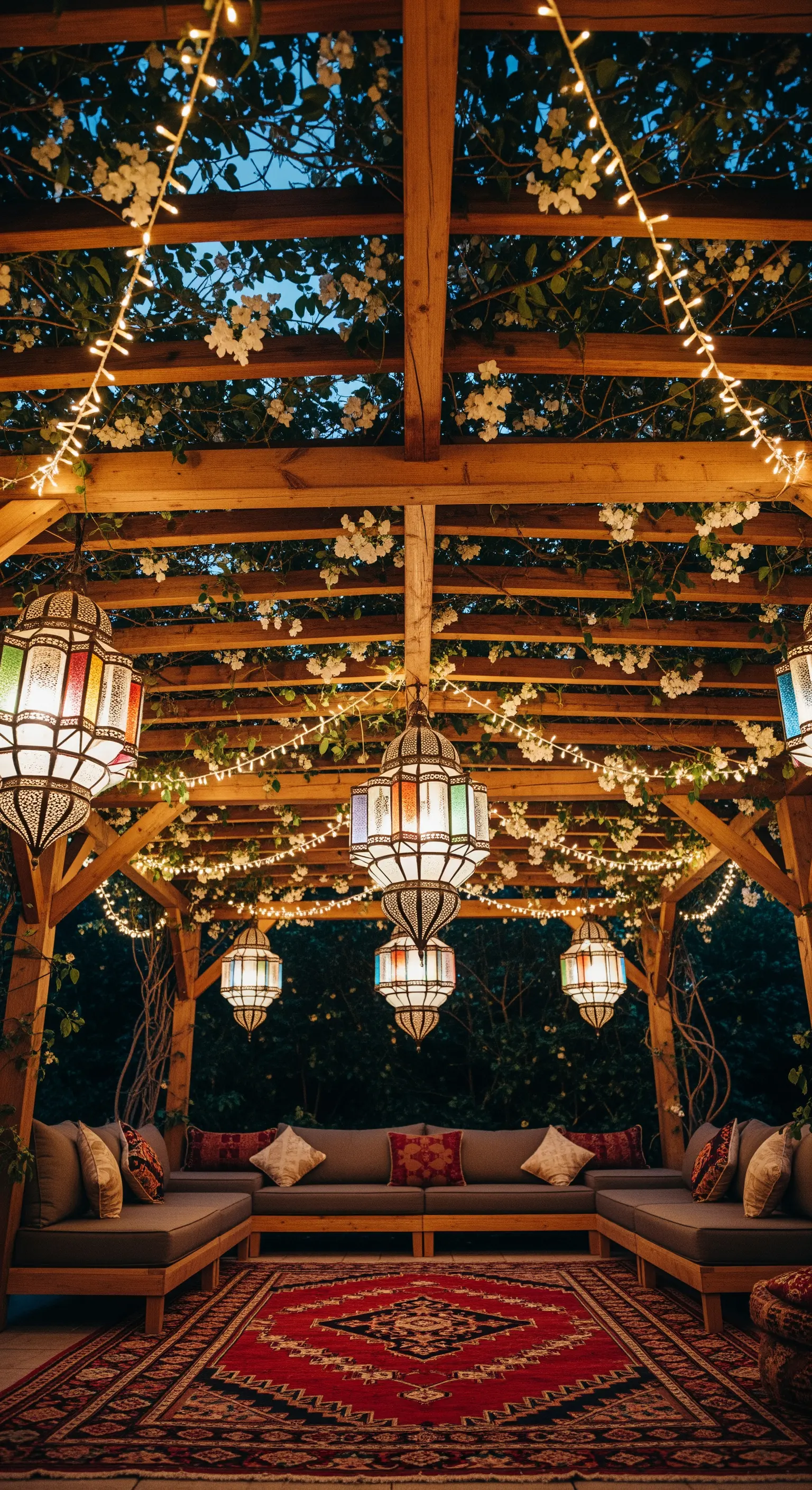 Pergolato in legno con rose bianche rampicanti, lucine e lanterne marocchine colorate.