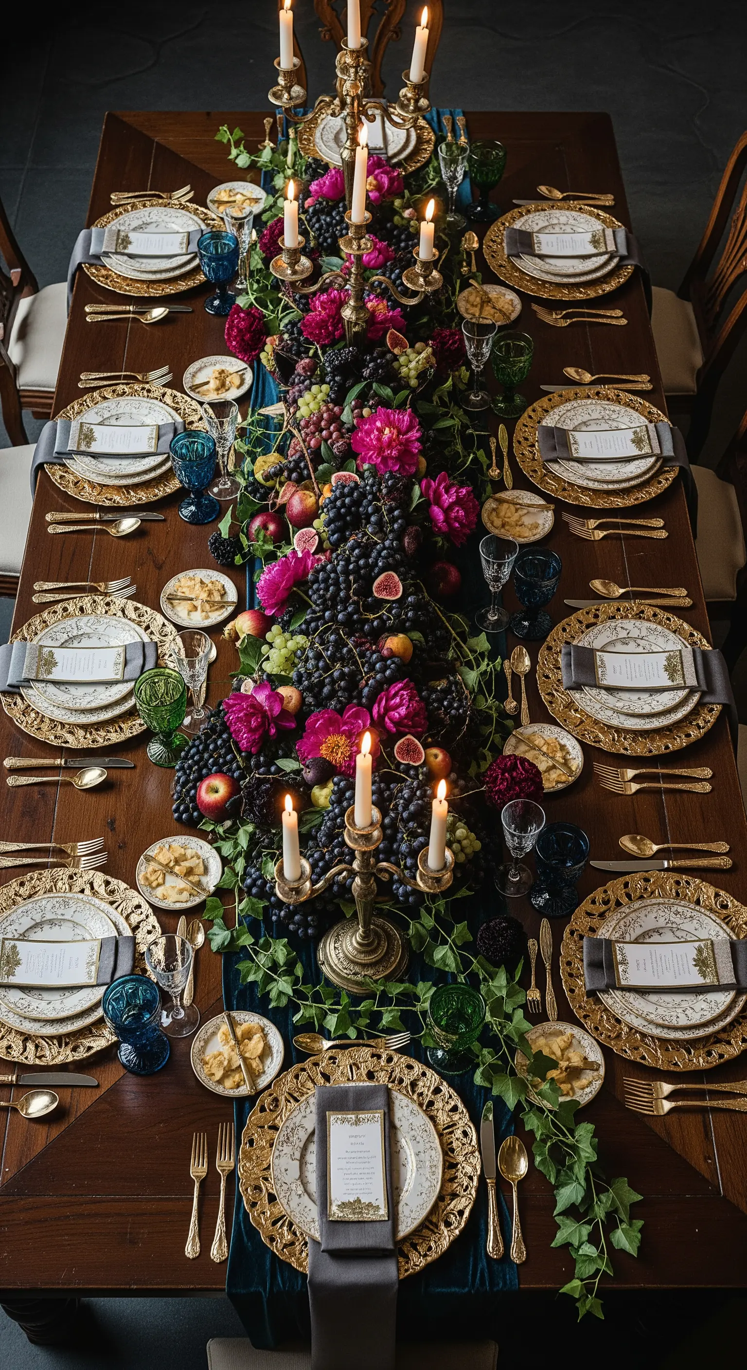 Tavola imperiale con centrotavola di uva, fichi e fiori scuri in stile natura morta fiamminga.