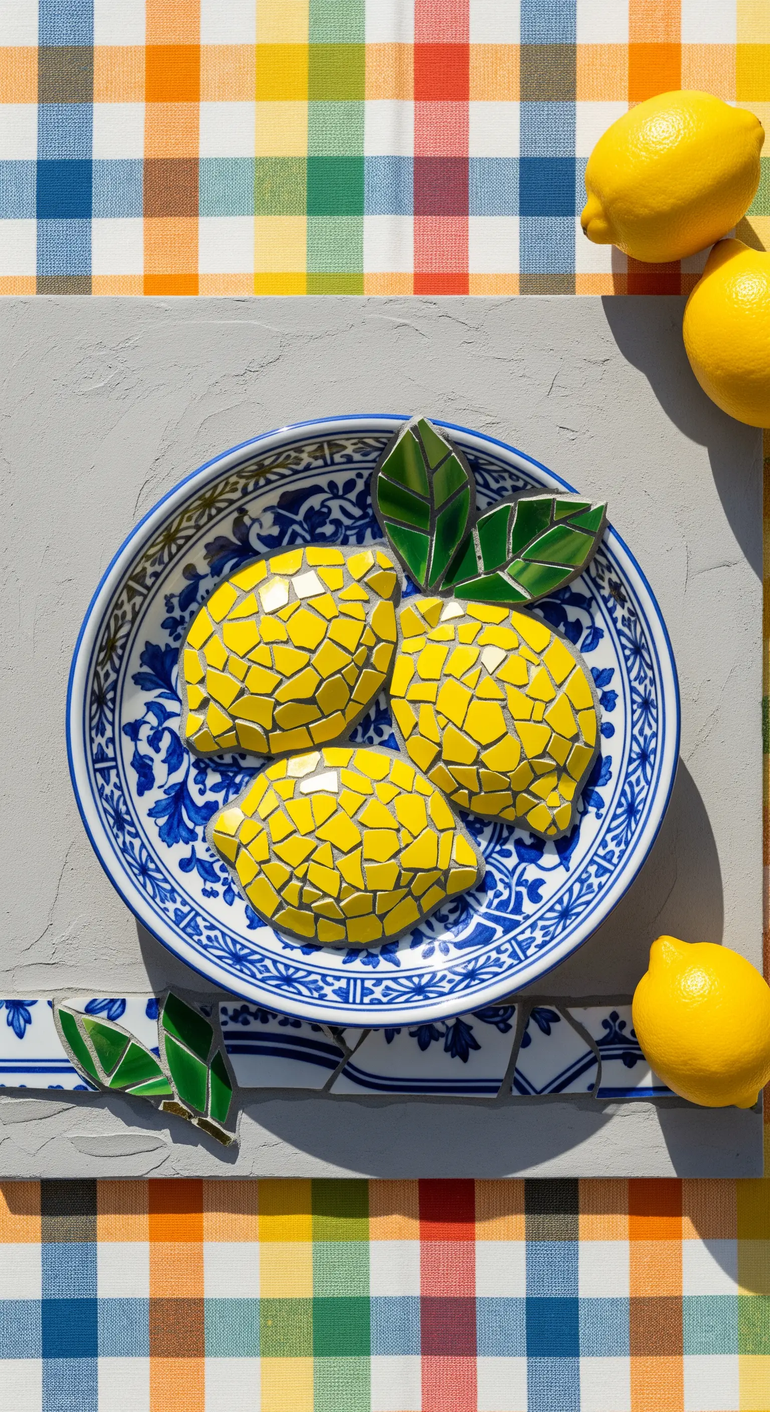 Mosaico di limoni gialli in un piatto di ceramica blu e bianco, realizzato con la tecnica piqué assiette.