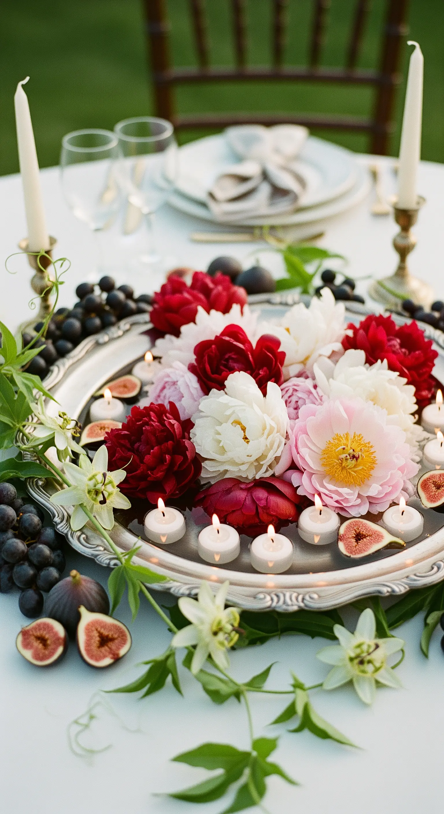 Vassoio d'argento con peonie, fichi, uva e piccole candele, in stile natura morta.
