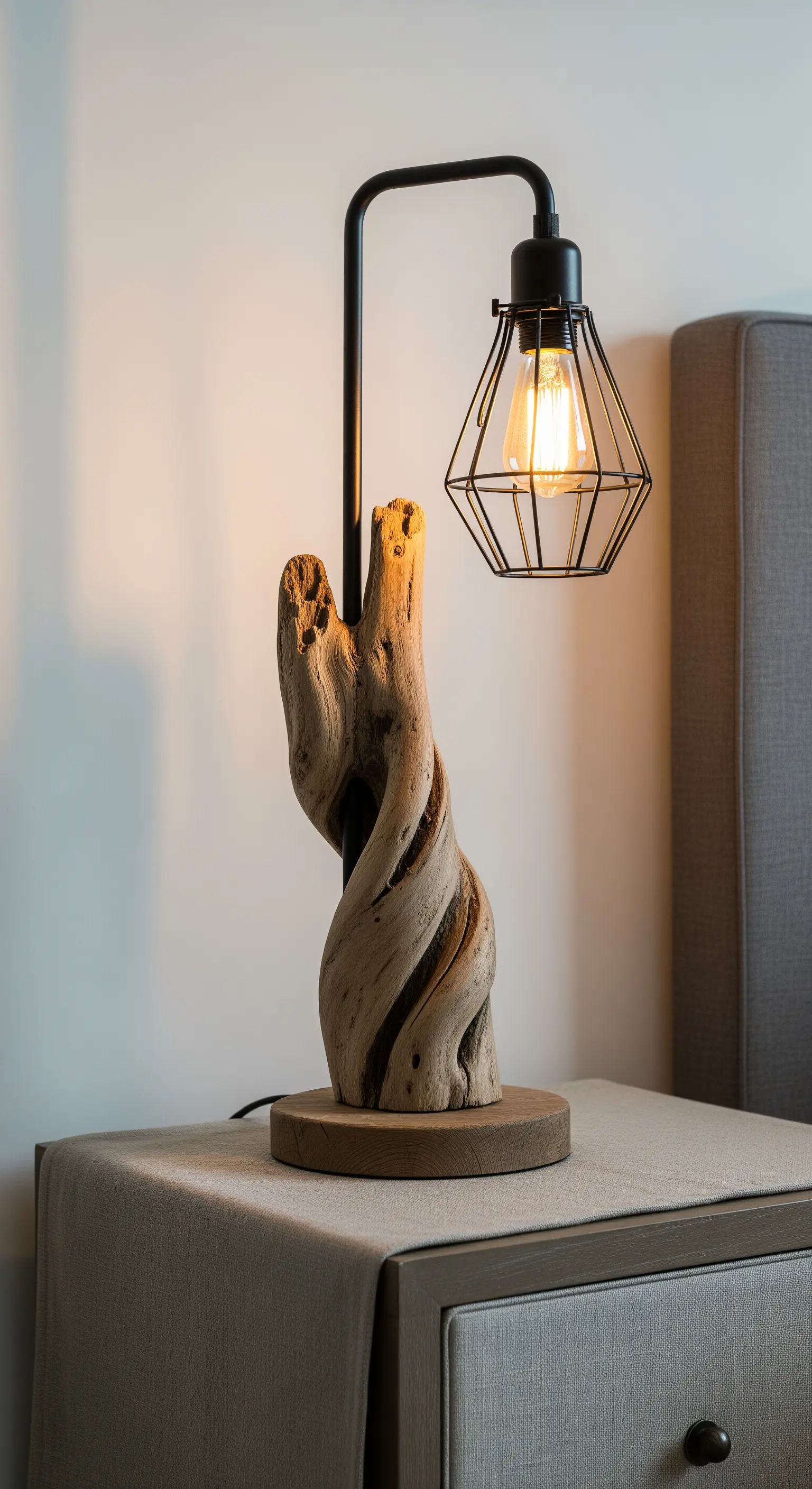 Lampada da tavolo con base in legno levigato dal mare e paralume a gabbia metallica.