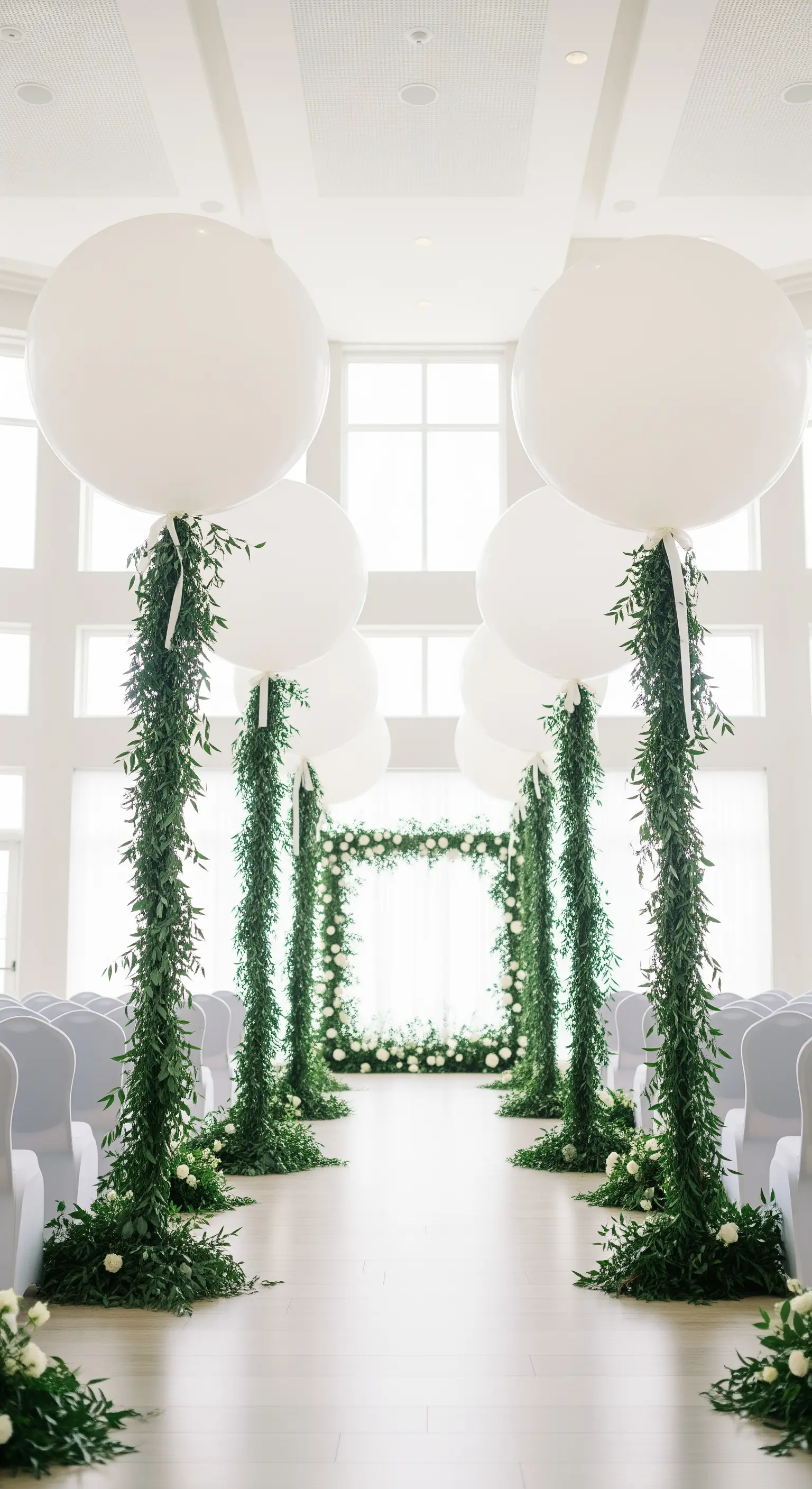 Navata di una cerimonia nuziale decorata con palloncini bianchi giganti e colonne di verde.