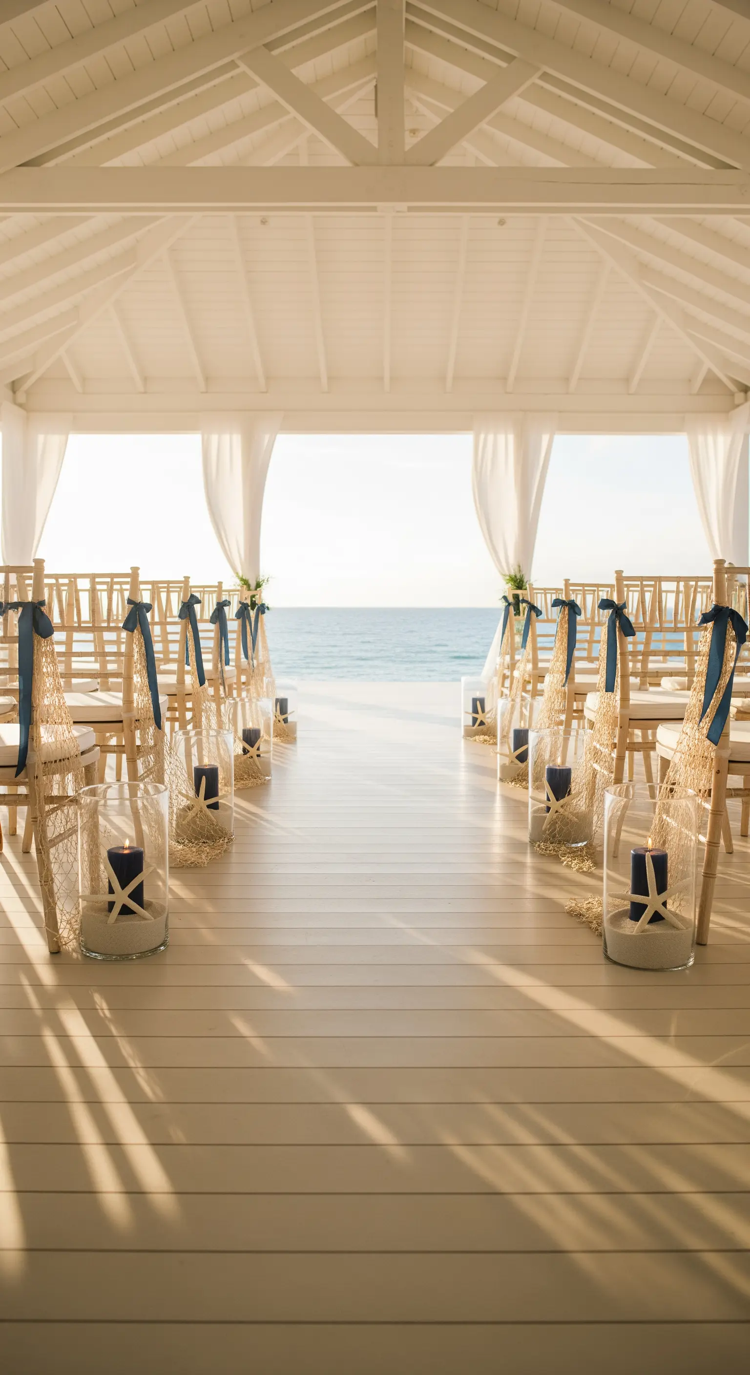 Navata per cerimonia nuziale con sedie decorate e grandi lanterne con candele blu