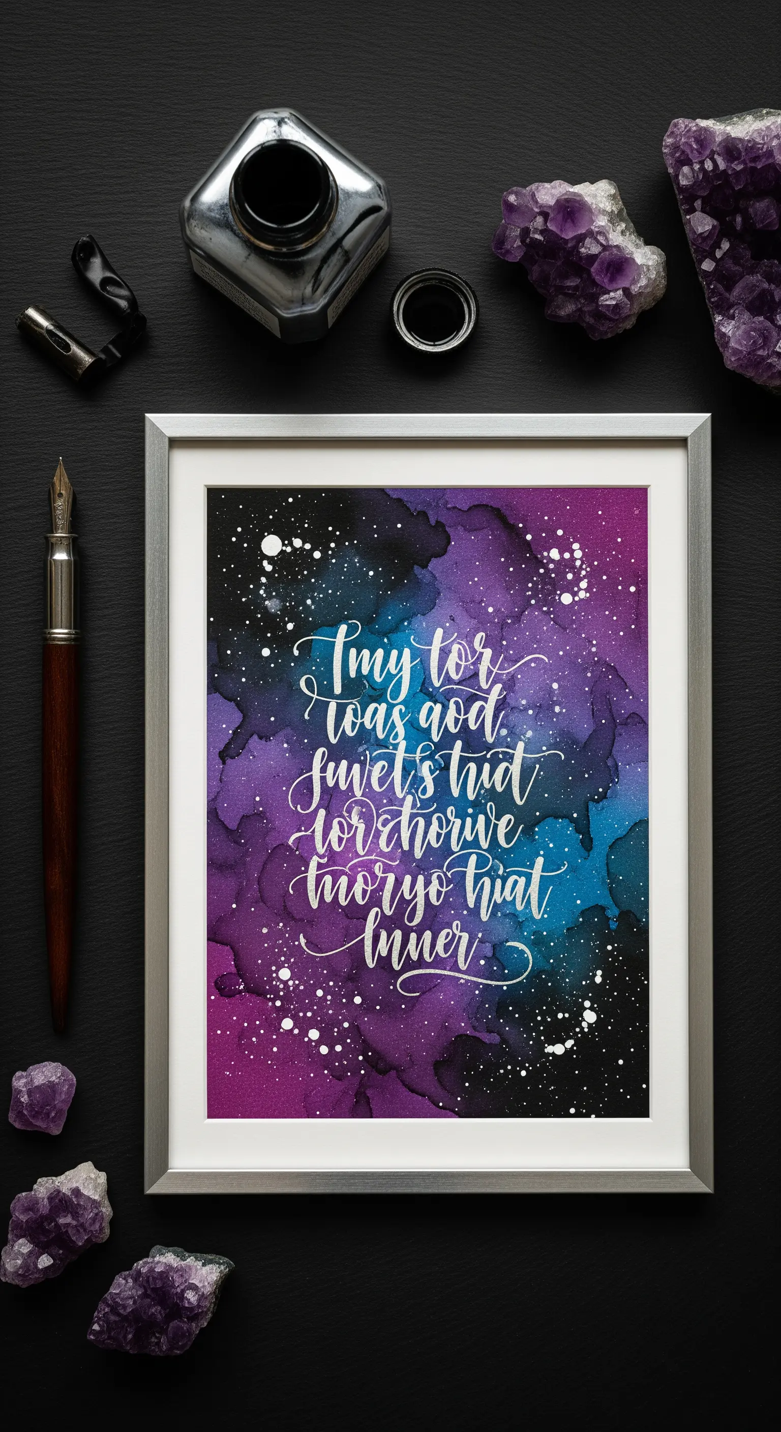 Quadro con sfondo acquerello effetto galassia nei toni del viola e del blu, con dettagli bianchi.