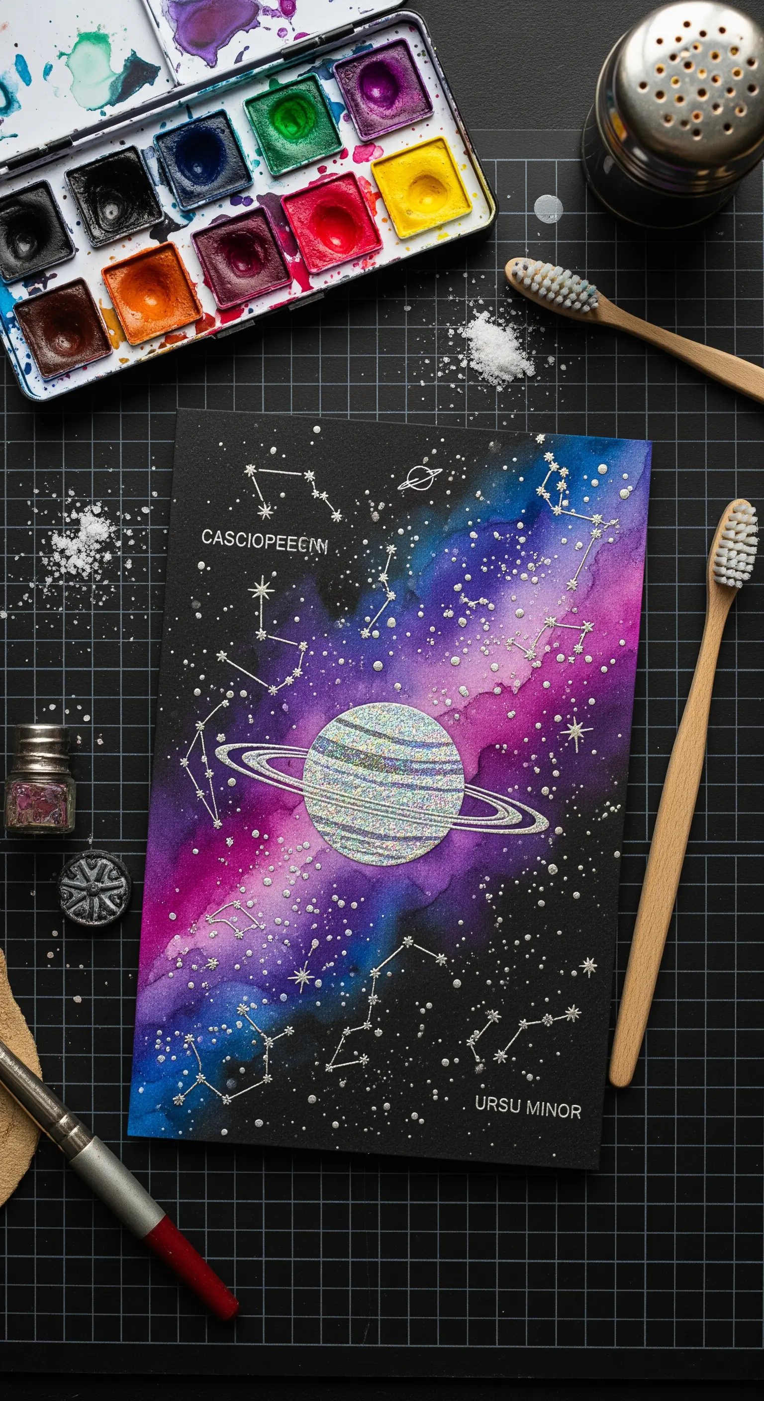 Invito a tema spaziale con pianeta glitterato e nebulosa dipinta ad acquerello su carta nera.