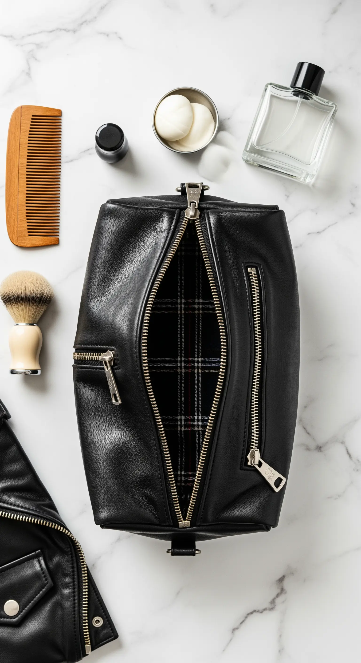 Beauty case in pelle nera con cerniera, aperto su un piano di marmo con prodotti da barba.
