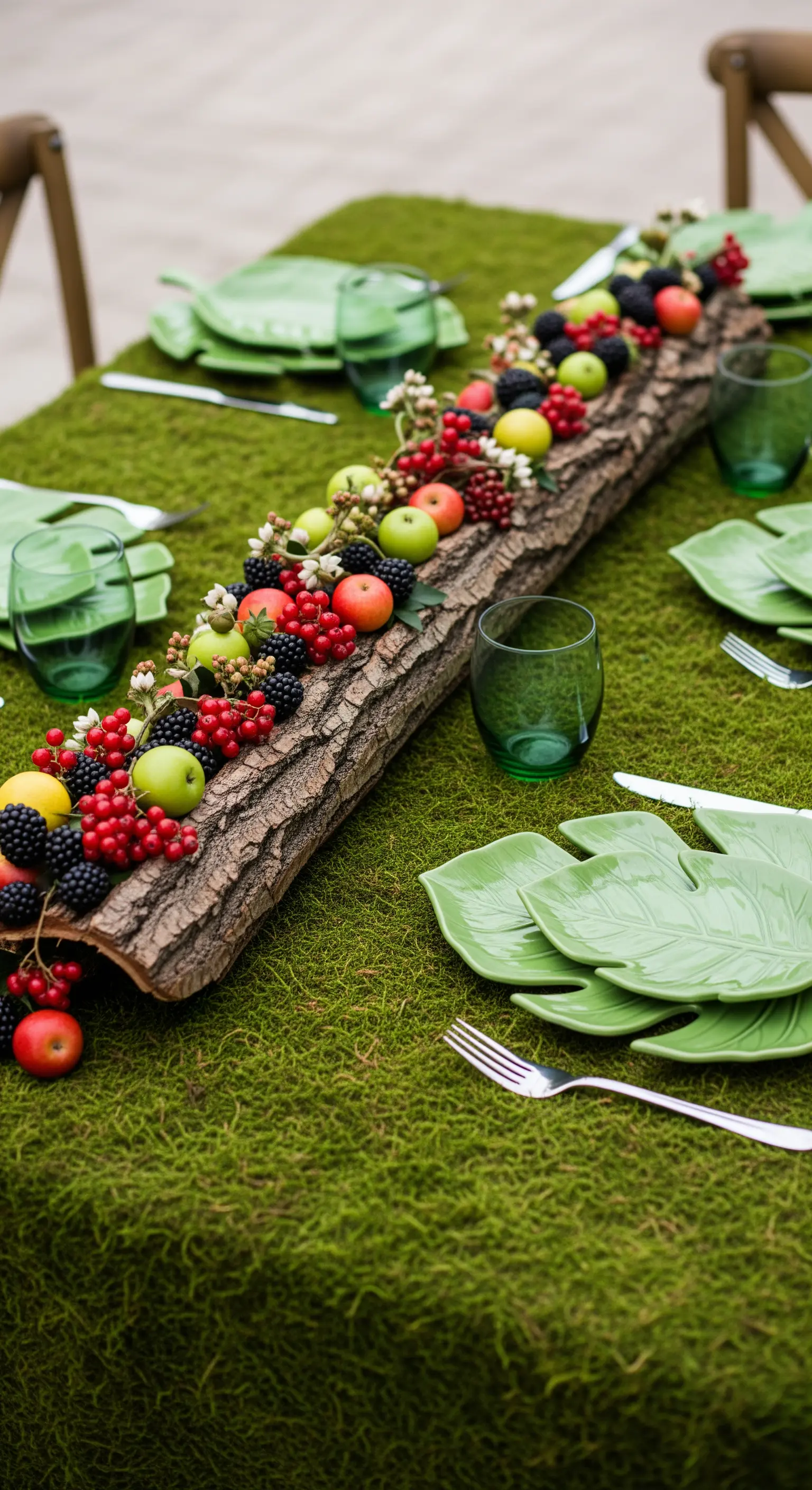Centrotavola a forma di tronco con frutti di bosco su una tovaglia di muschio.