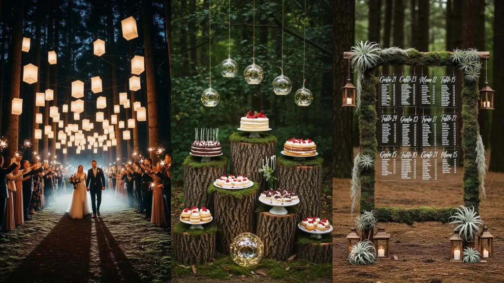 Decorazioni nuziali nel bosco con tronchi, muschio e lanterne sospese illuminano la festa tra gli alberi.