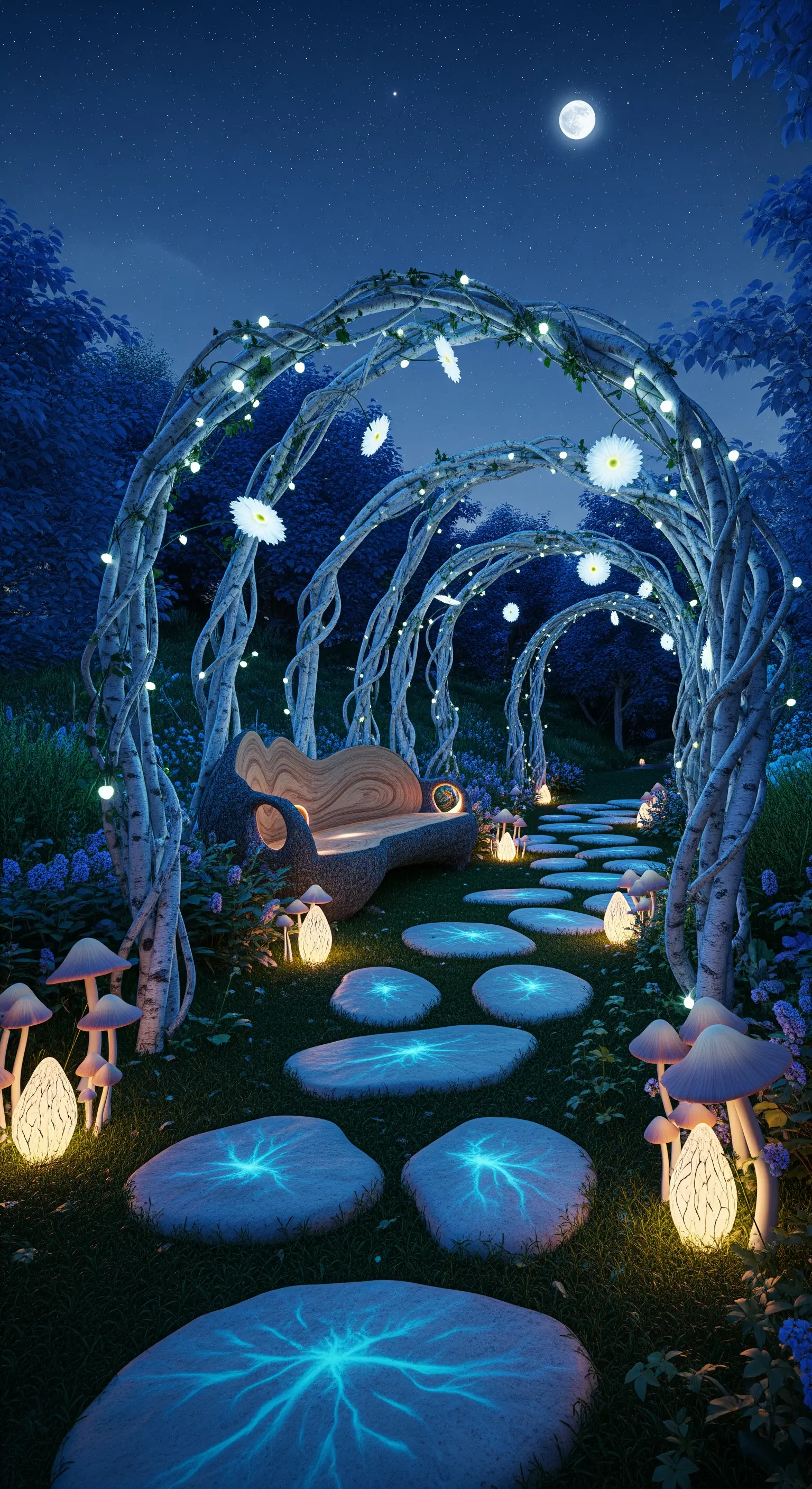 Sentiero in un bosco magico con archi di betulla, pietre luminose e funghi illuminati che conducono a una panca in legno