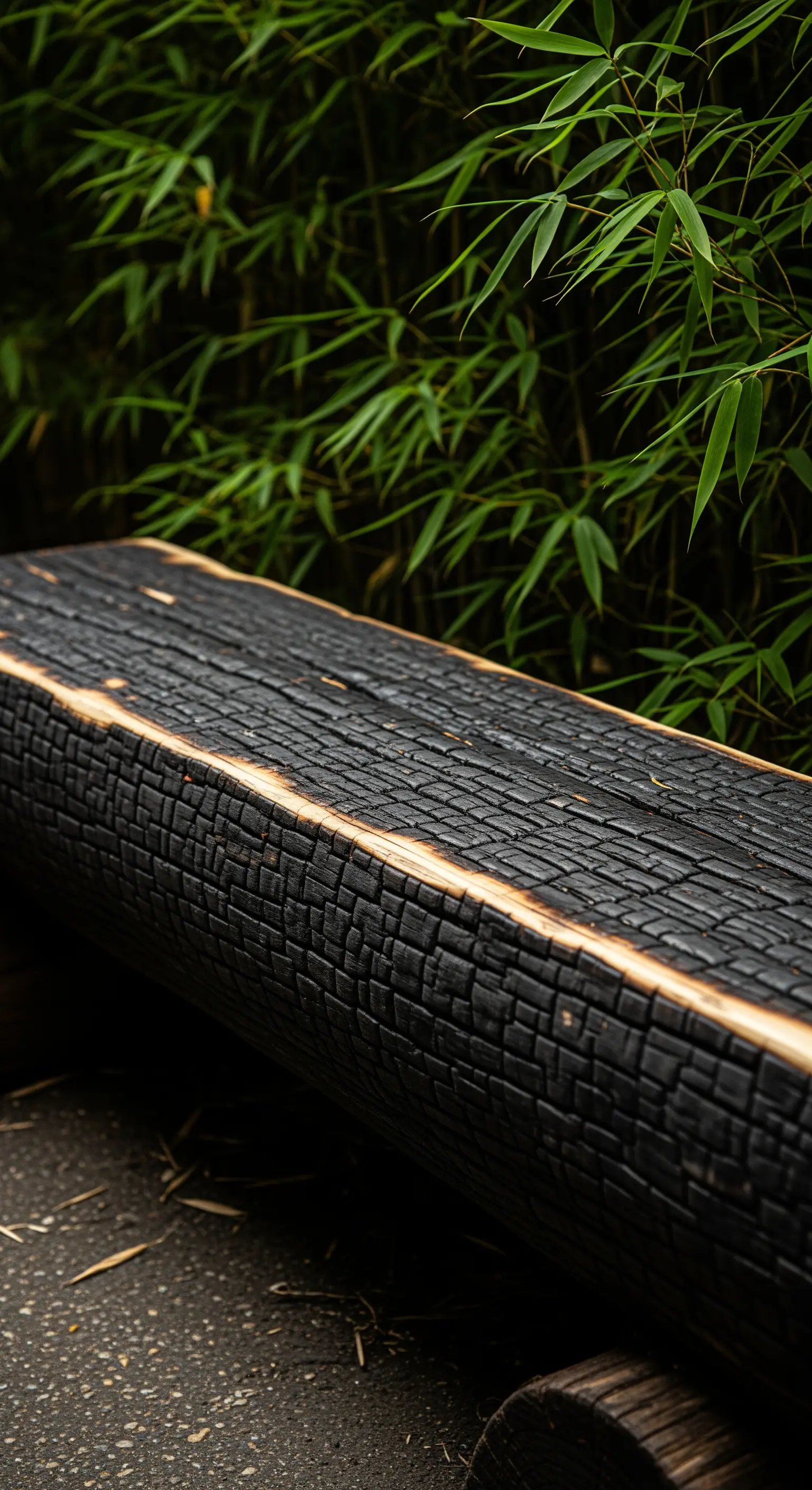 Dettaglio di una panca in legno nero carbonizzato con la tecnica giapponese Shou Sugi Ban.