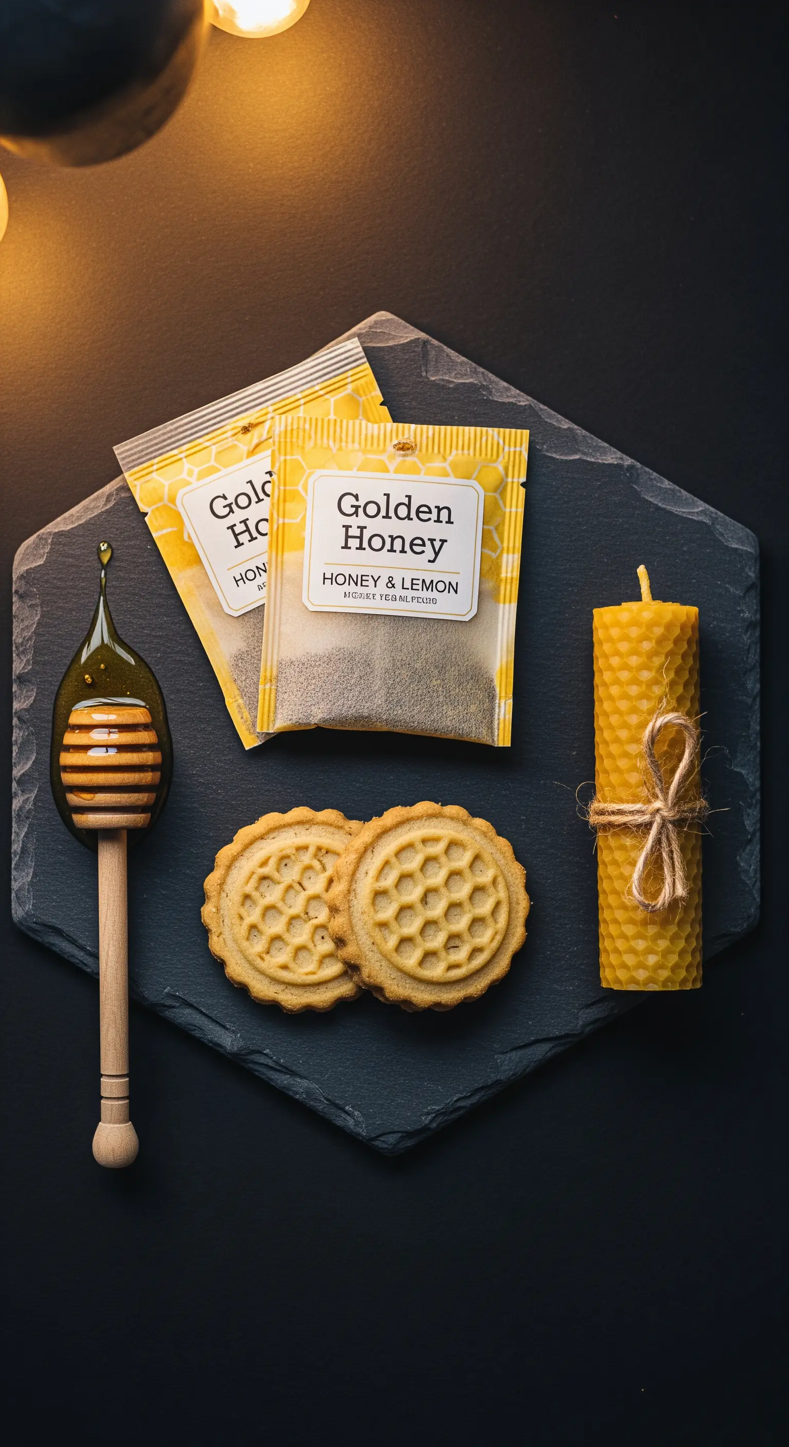 Set regalo a tema miele con tè al limone, biscotti a nido d'ape e candela in cera d'api.
