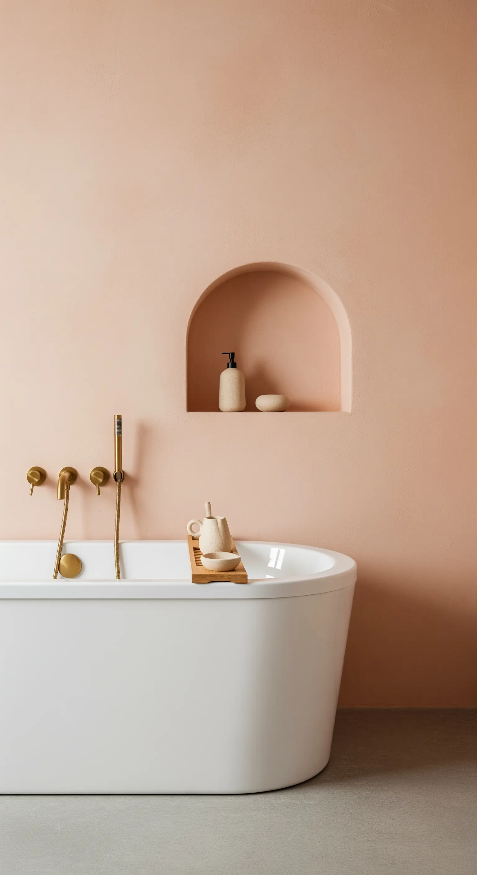 Vasca bianca moderna con una nicchia ad arco incassata nella parete rosa pesca.