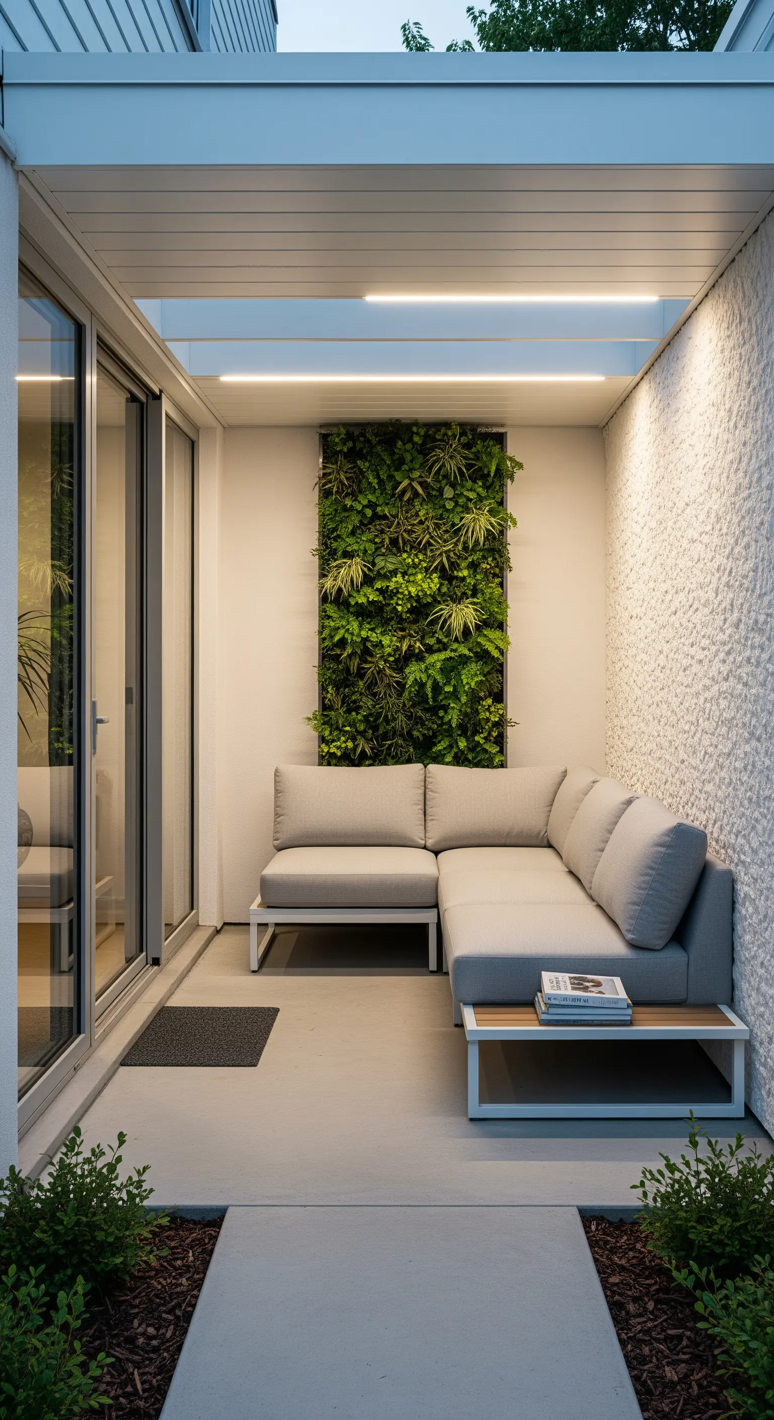 Piccolo portico con divano angolare grigio, parete verde verticale e illuminazione a LED