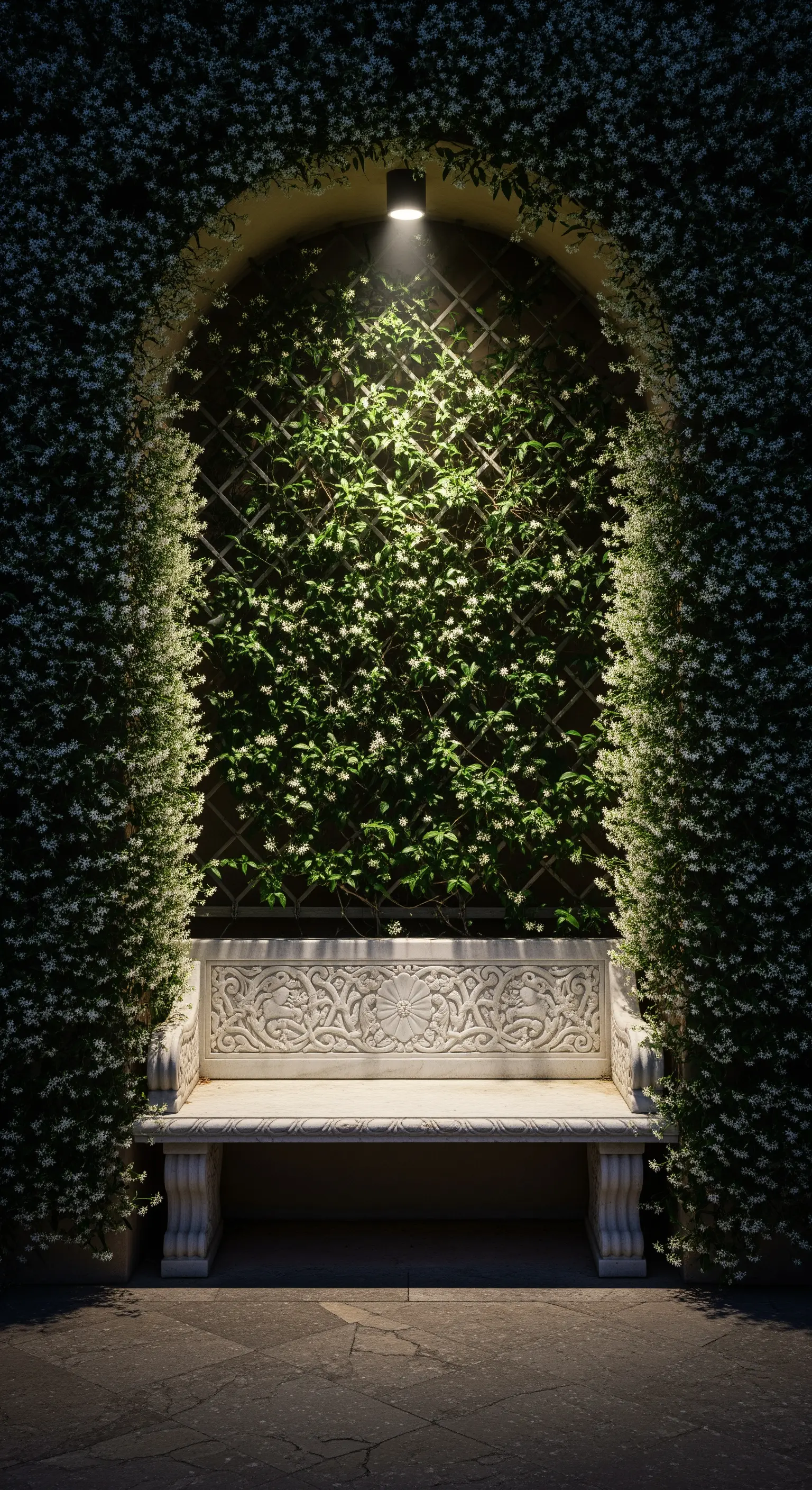 Panca in marmo scolpito in una nicchia di gelsomino, illuminata da un faretto dall'alto.