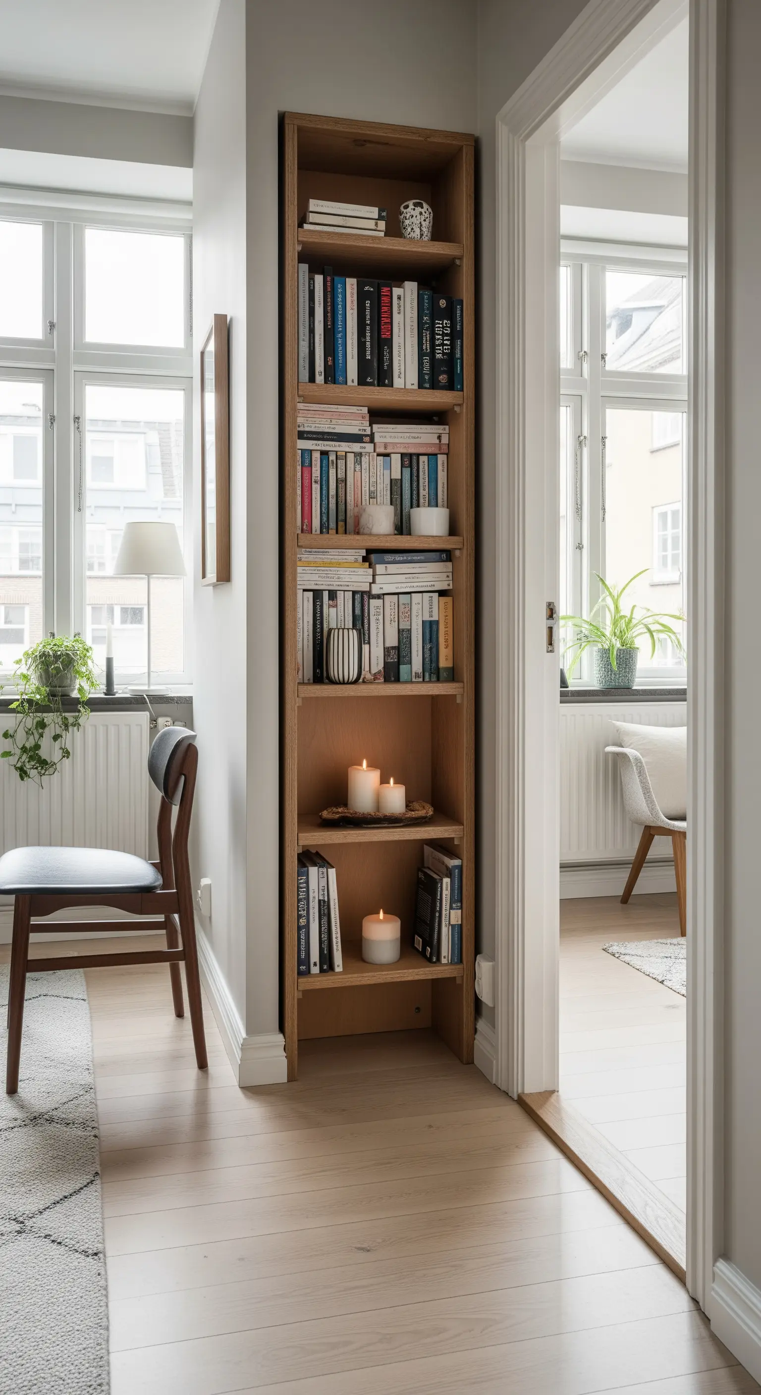 Libreria a colonna in legno chiaro inserita in una nicchia stretta accanto a una porta bianca.