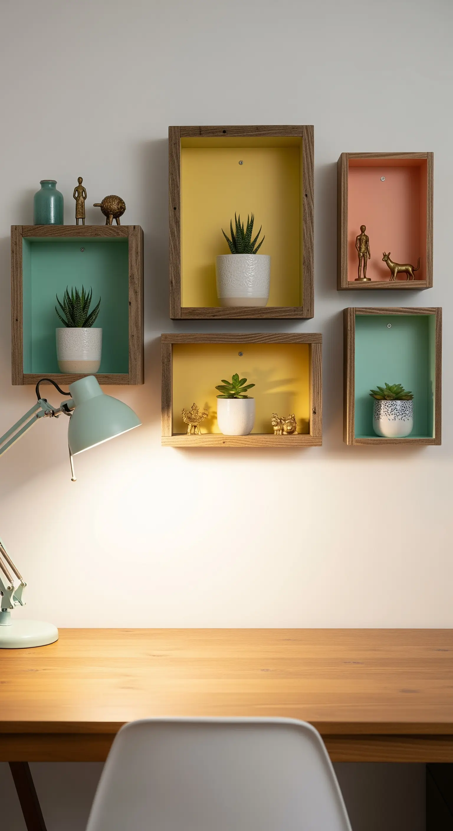 Mensole a cubo in legno con fondo dipinto in colori pastello per esporre piccole piante grasse.