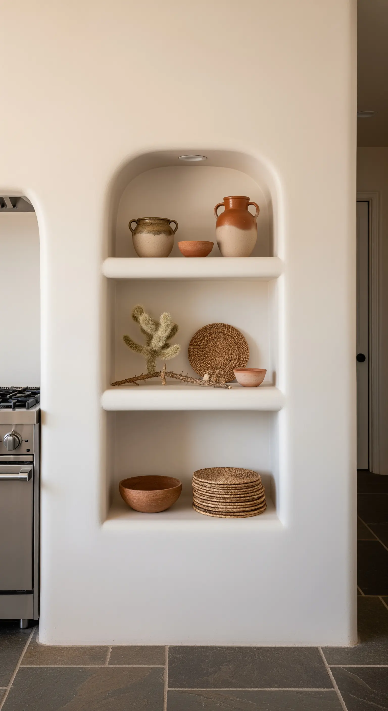 Nicchie a muro con forme arrotondate e oggetti in terracotta.