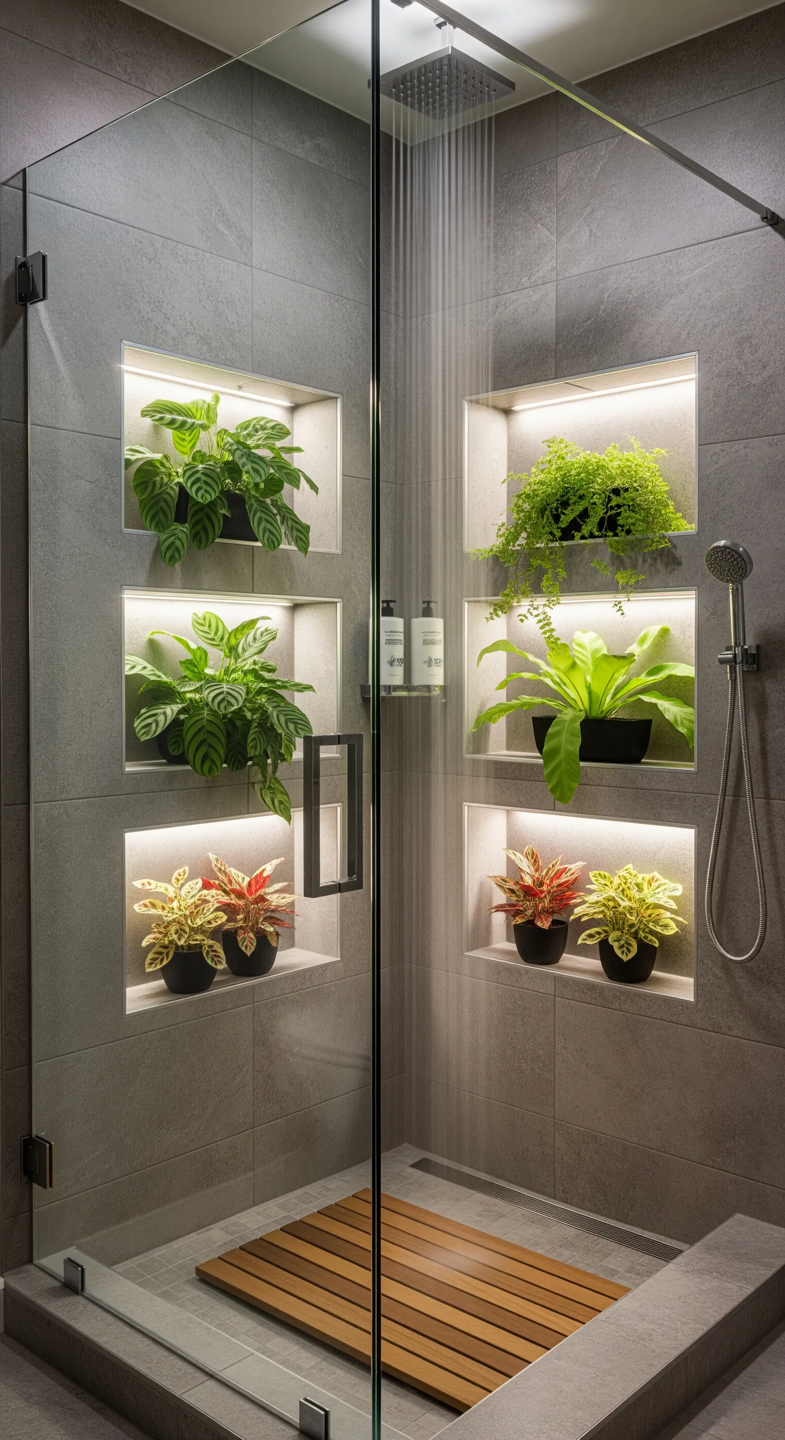 Doccia con nicchie illuminate a LED che ospitano diverse piante da interno.