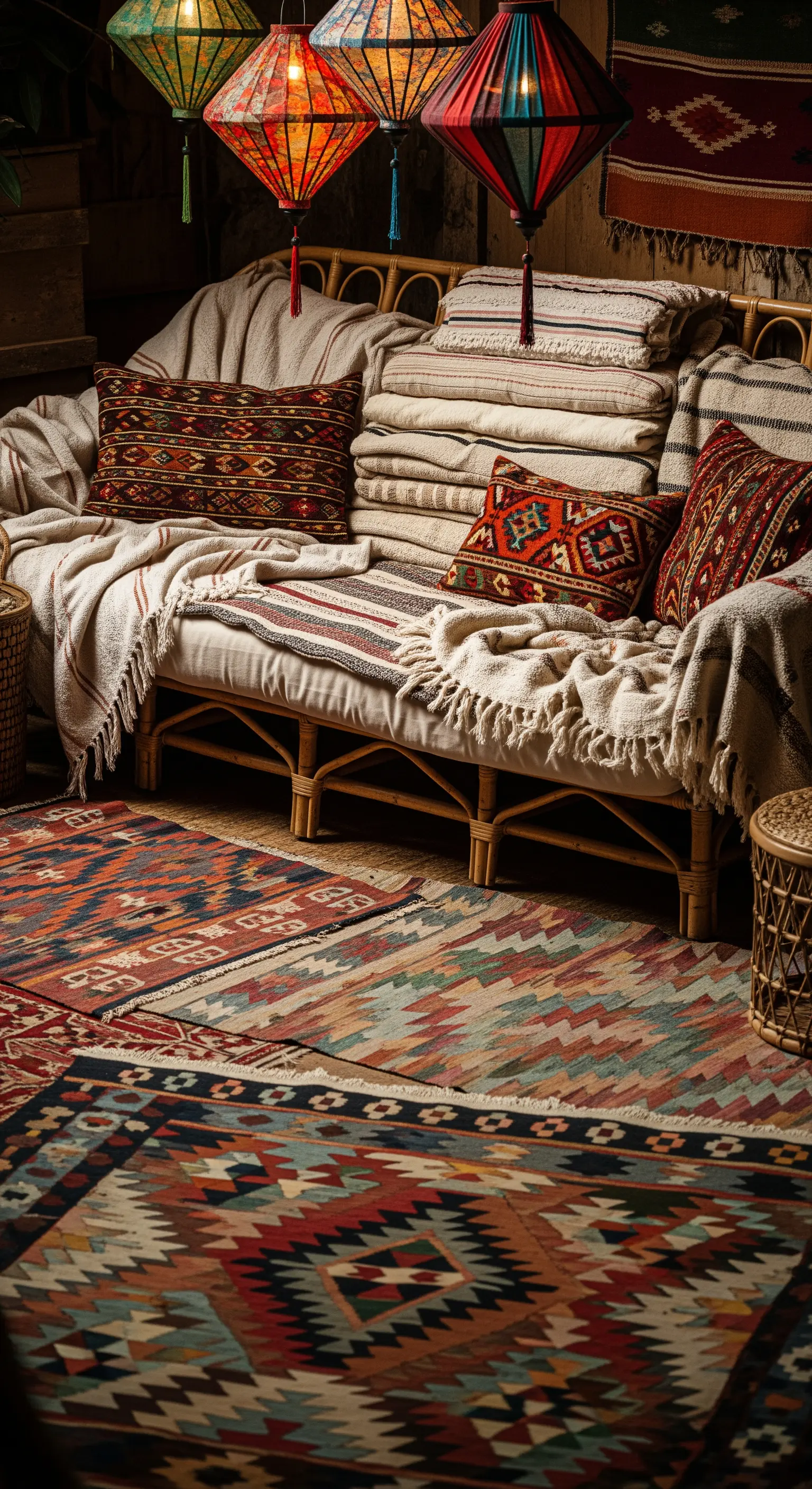 Daybed boemo coperto di coperte e cuscini, su un pavimento di tappeti kilim sovrapposti.