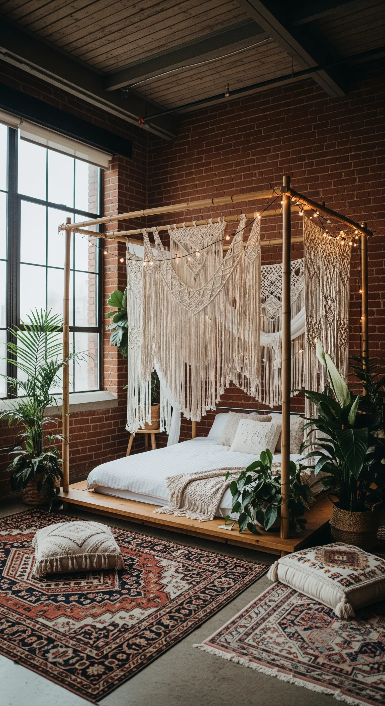 Letto a baldacchino in bambù decorato con macramè e lucine in un loft con mattoni a vista.