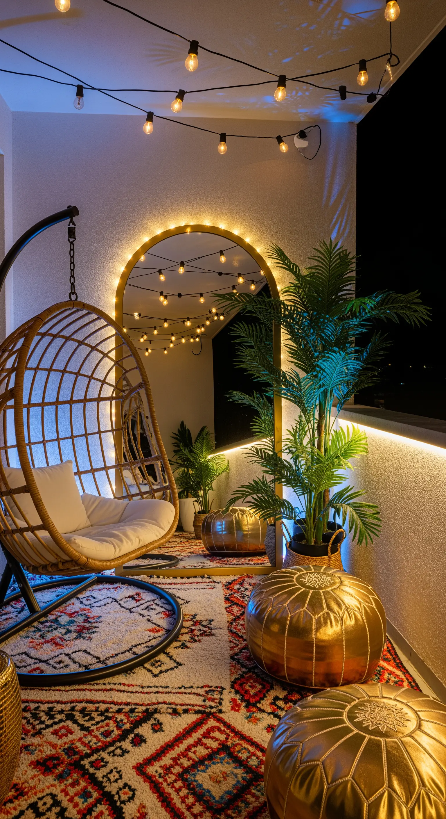 Balcone bohémien con sedia sospesa, specchio ad arco con luci a stringa e pouf dorati.