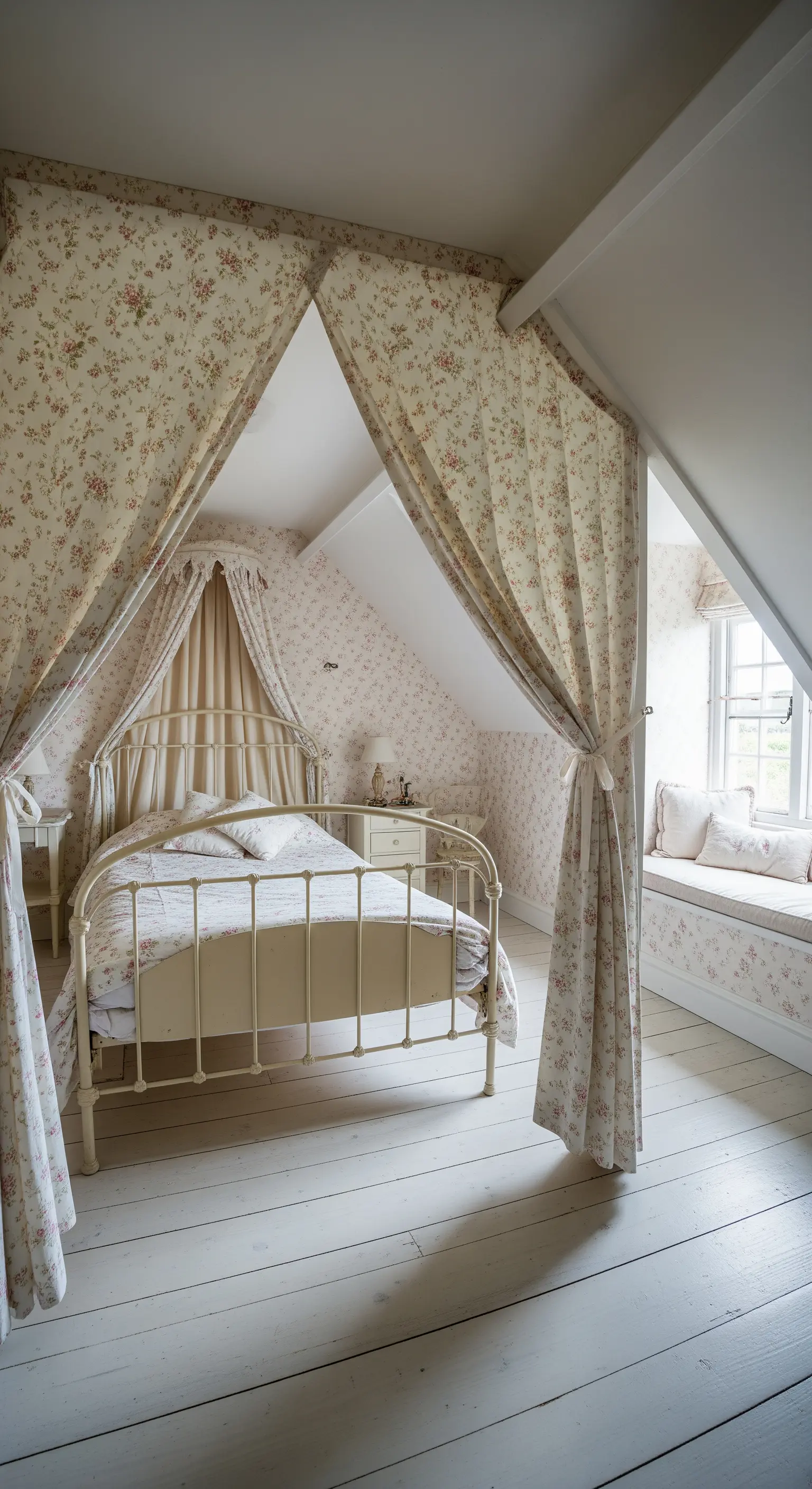Letto in ferro battuto in una mansarda con tende floreali che creano un baldacchino a tenda.