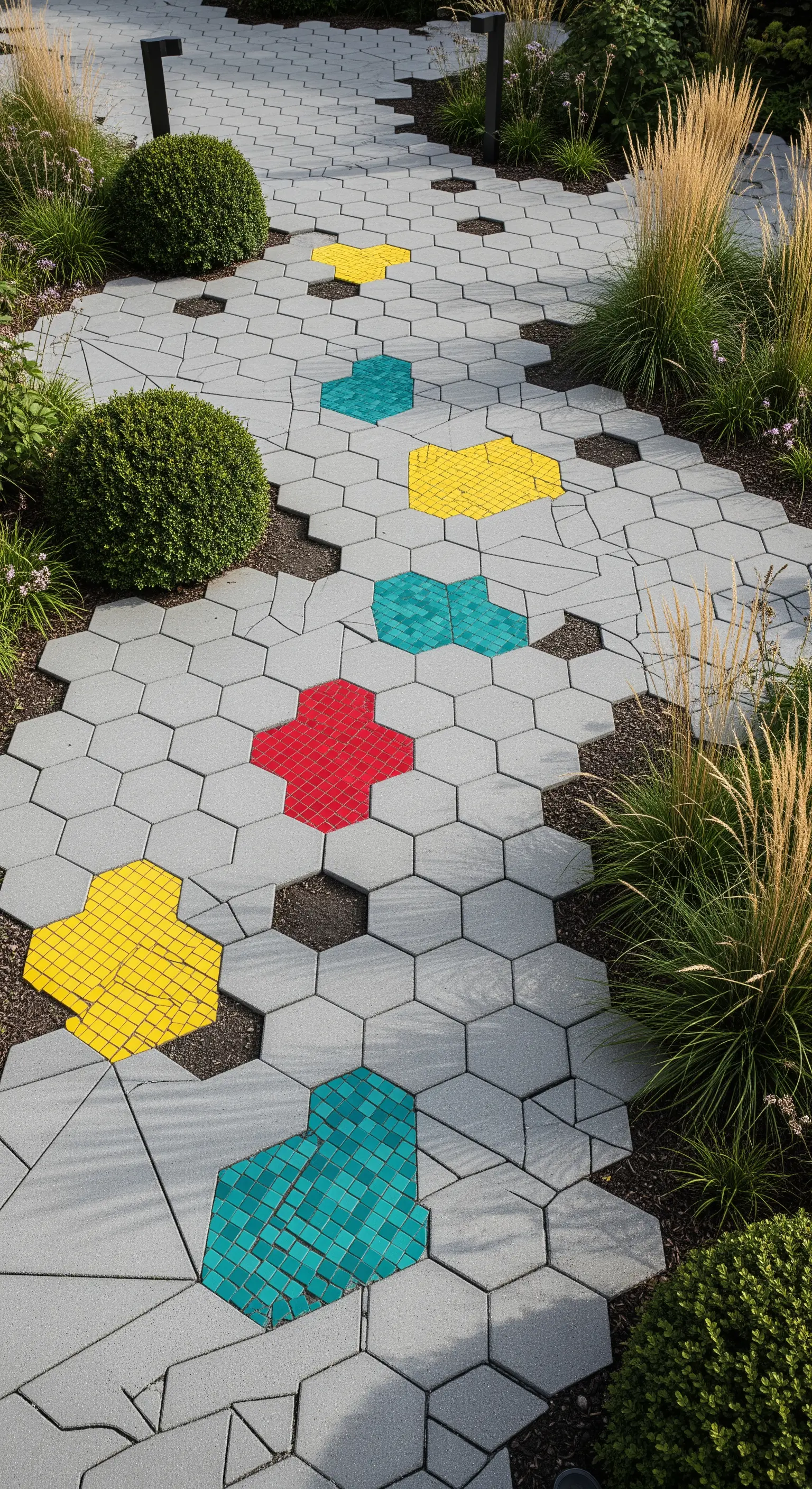 Pavimentazione a esagoni grigi con alcuni inserti di mosaico colorato (rosso, giallo, turchese).