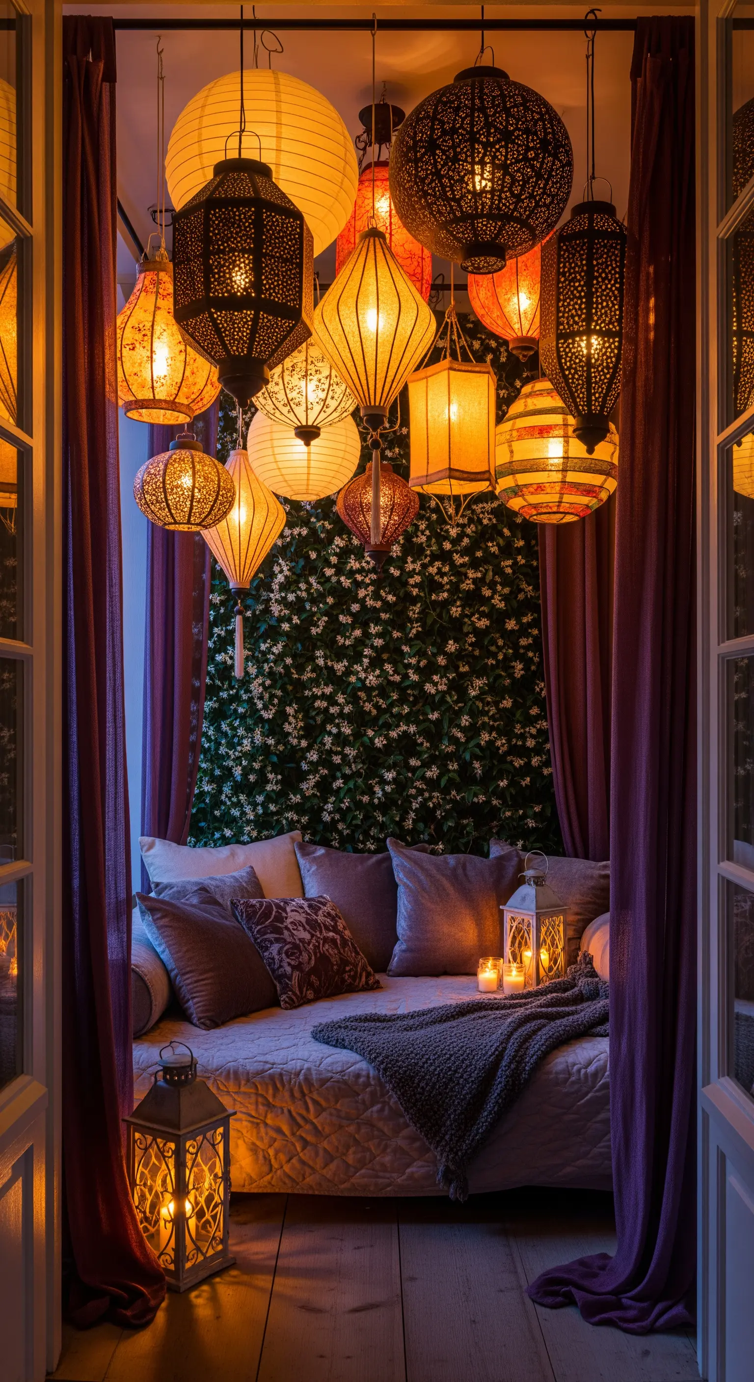 Angolo relax illuminato da un grappolo di lanterne sospese e pieno di cuscini.