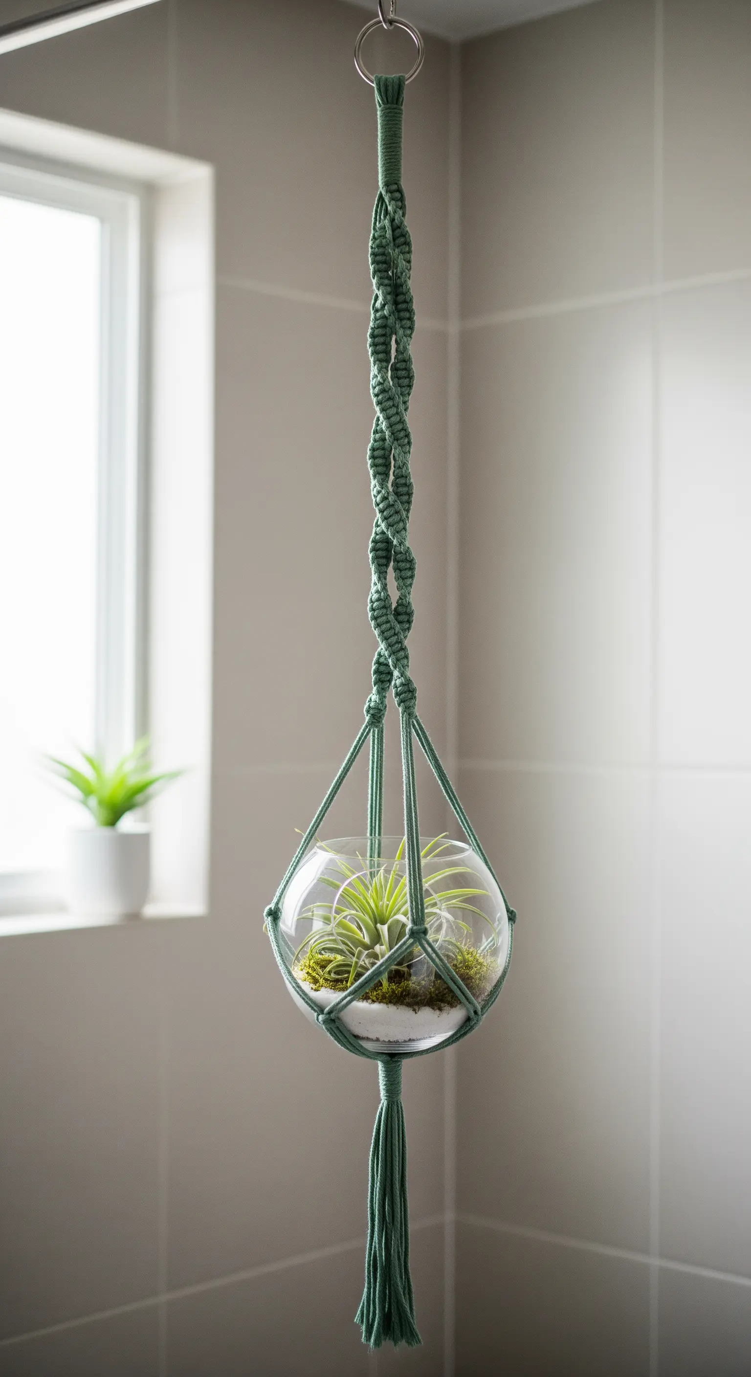Portavasi in macramè verde salvia che sorregge una boccia di vetro con una pianta d'aria.
