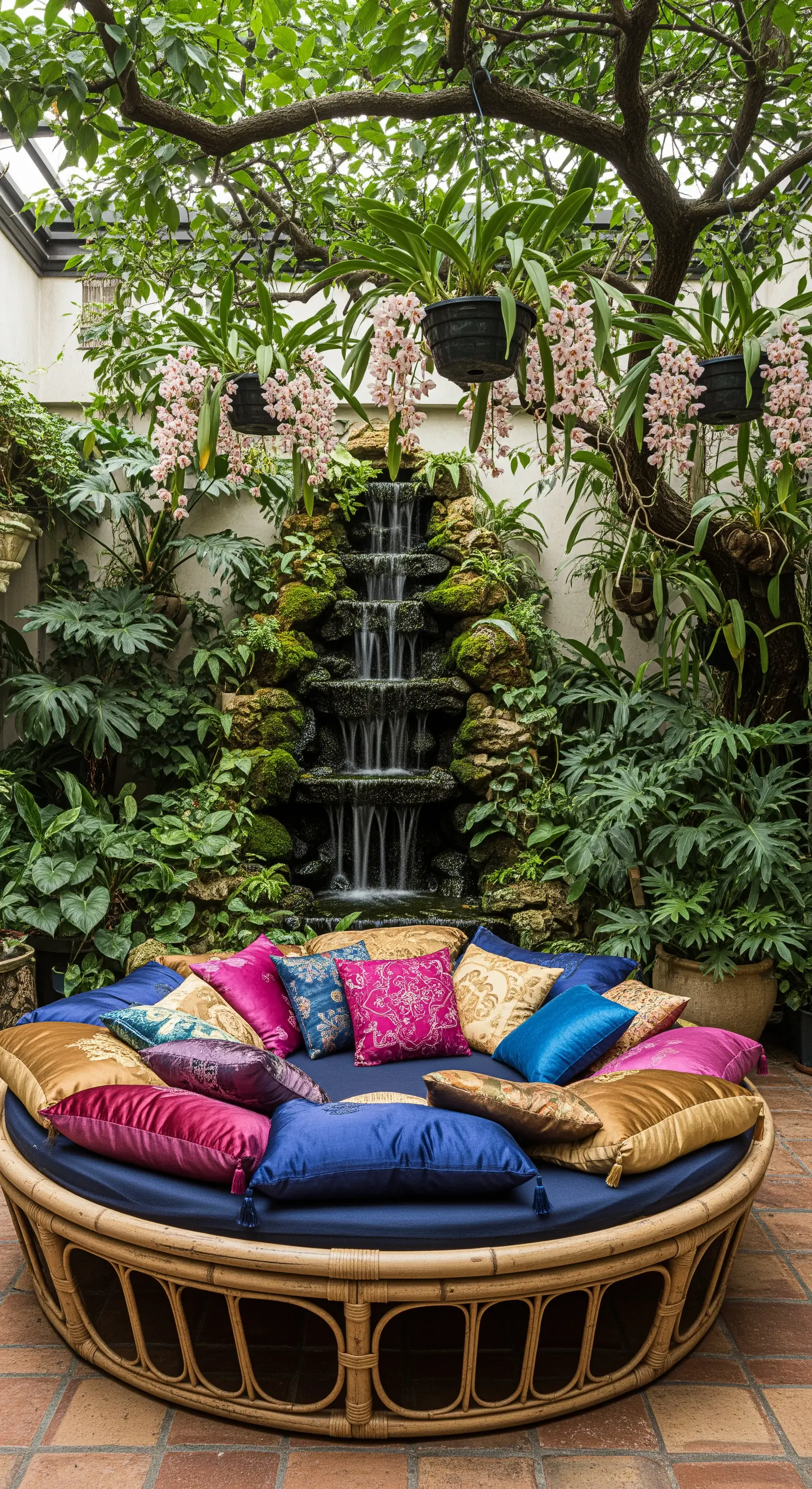 Daybed rotondo in rattan con cuscini colorati davanti a una cascata di roccia.