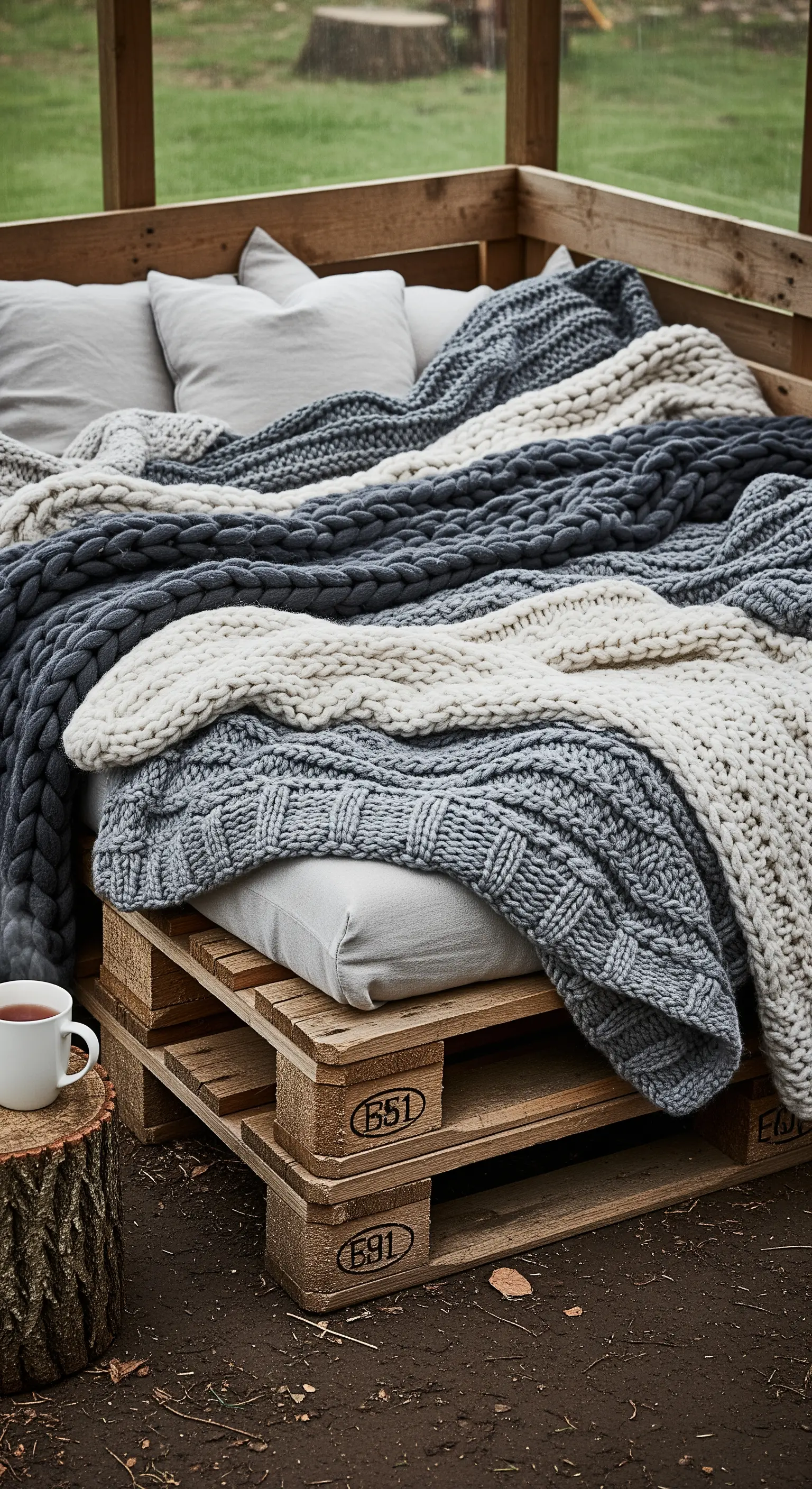 Letto in pallet coperto da spesse coperte di lana a maglia grossa in toni di grigio e bianco