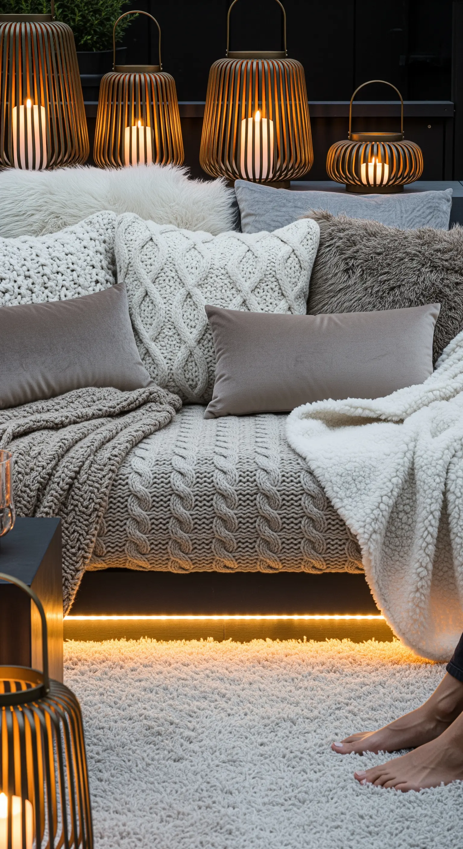 Divano da esterno coperto di plaid e cuscini in lana, con illuminazione calda dal basso.