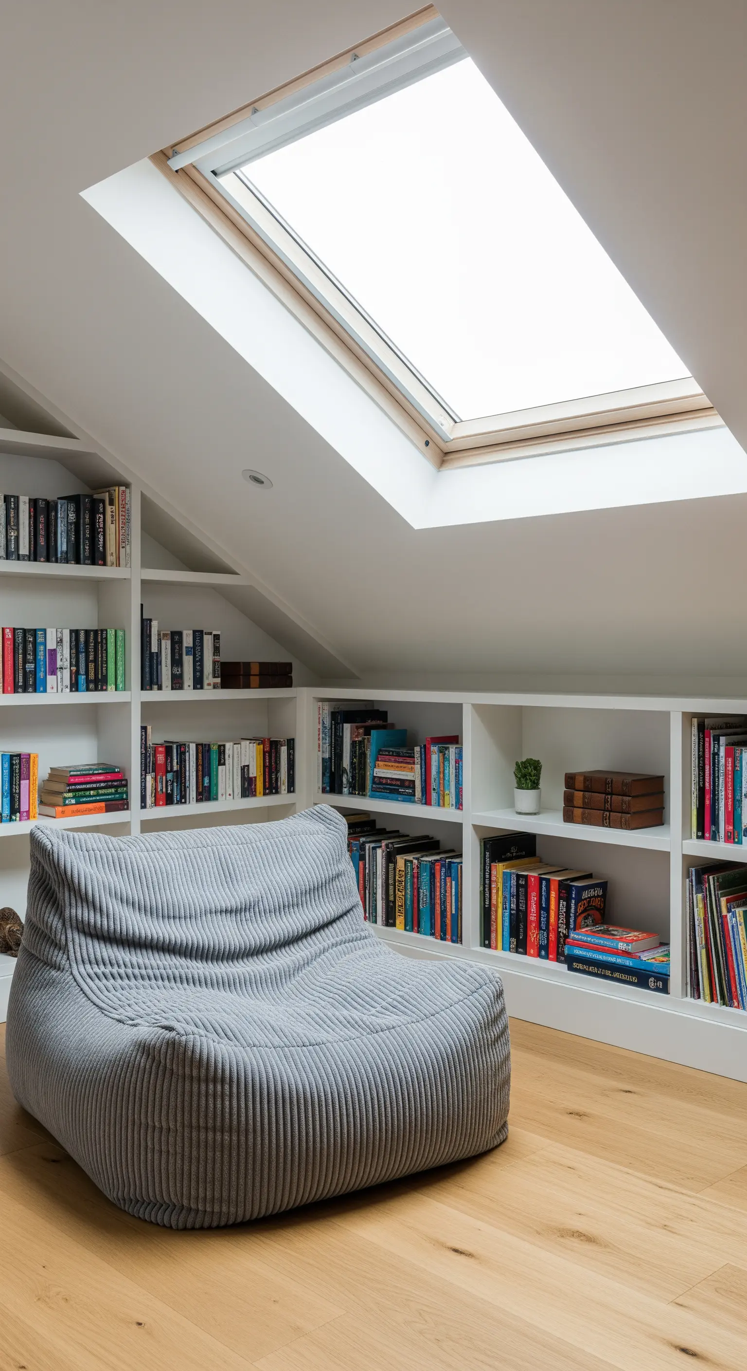 Libreria bassa su misura in una mansarda con lucernario e poltrona-pouf grigia.