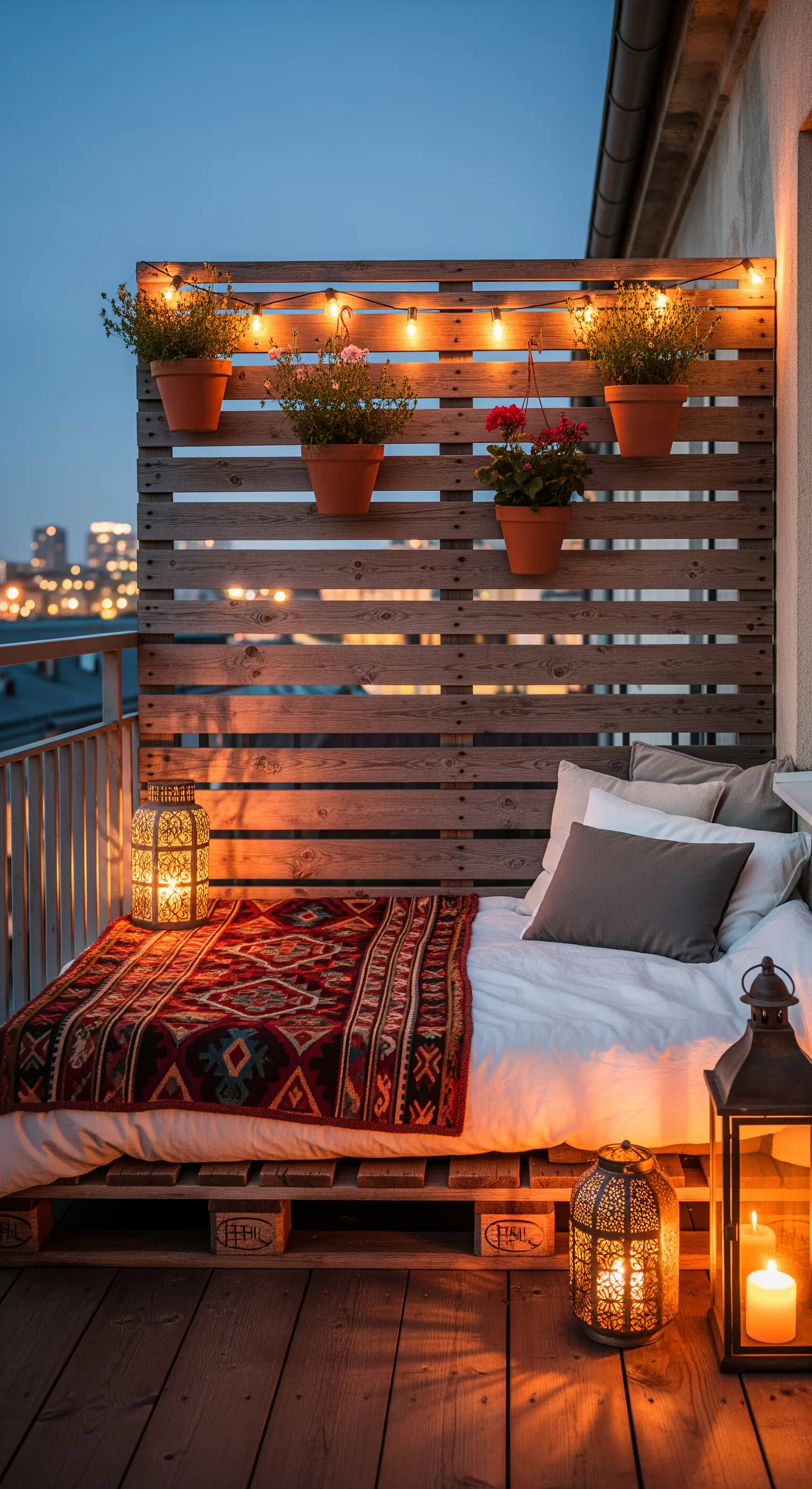 Letto fatto con pallet su un balcone, illuminato da lanterne e lucine appese a una testiera in legno.