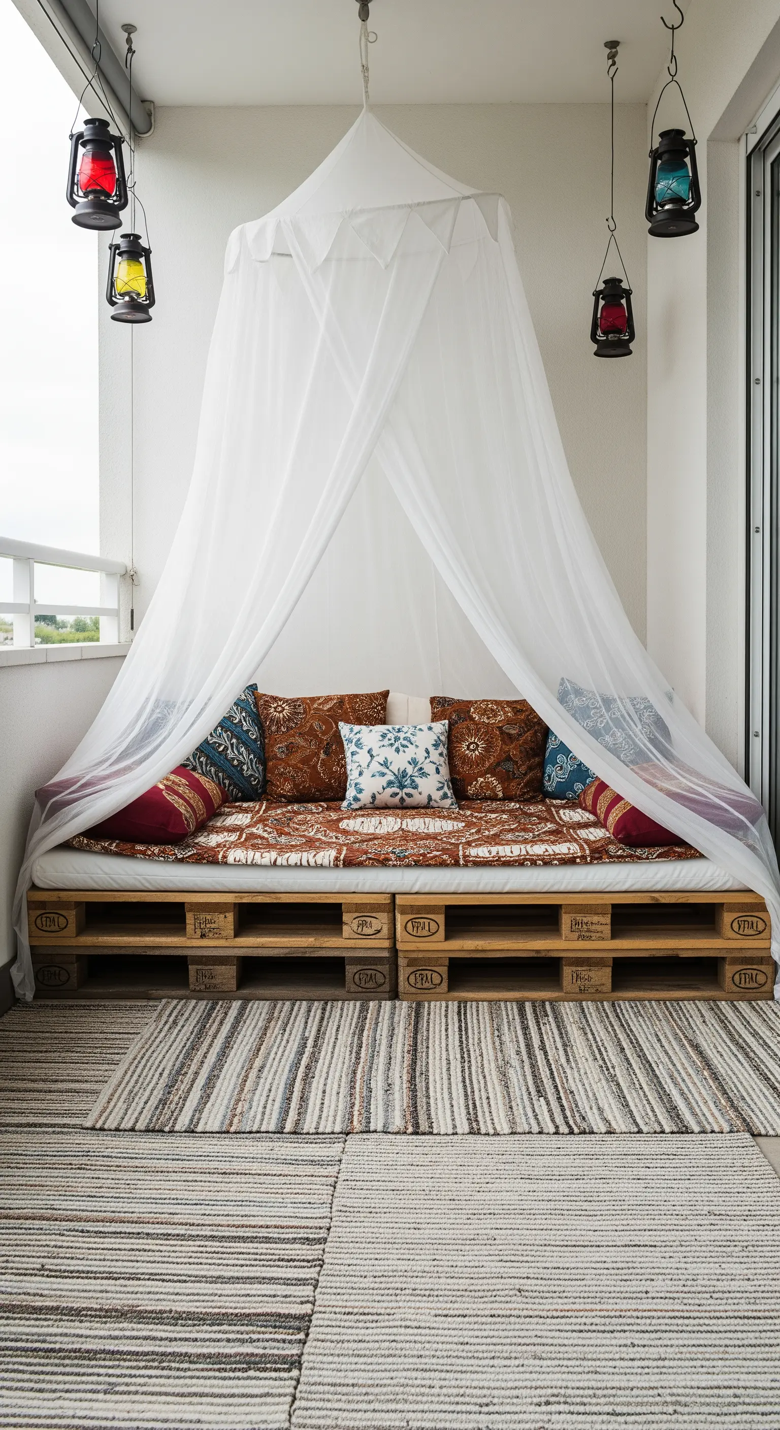 Letto da giorno su pallet coperto da una zanzariera a baldacchino, con lanterne colorate appese.