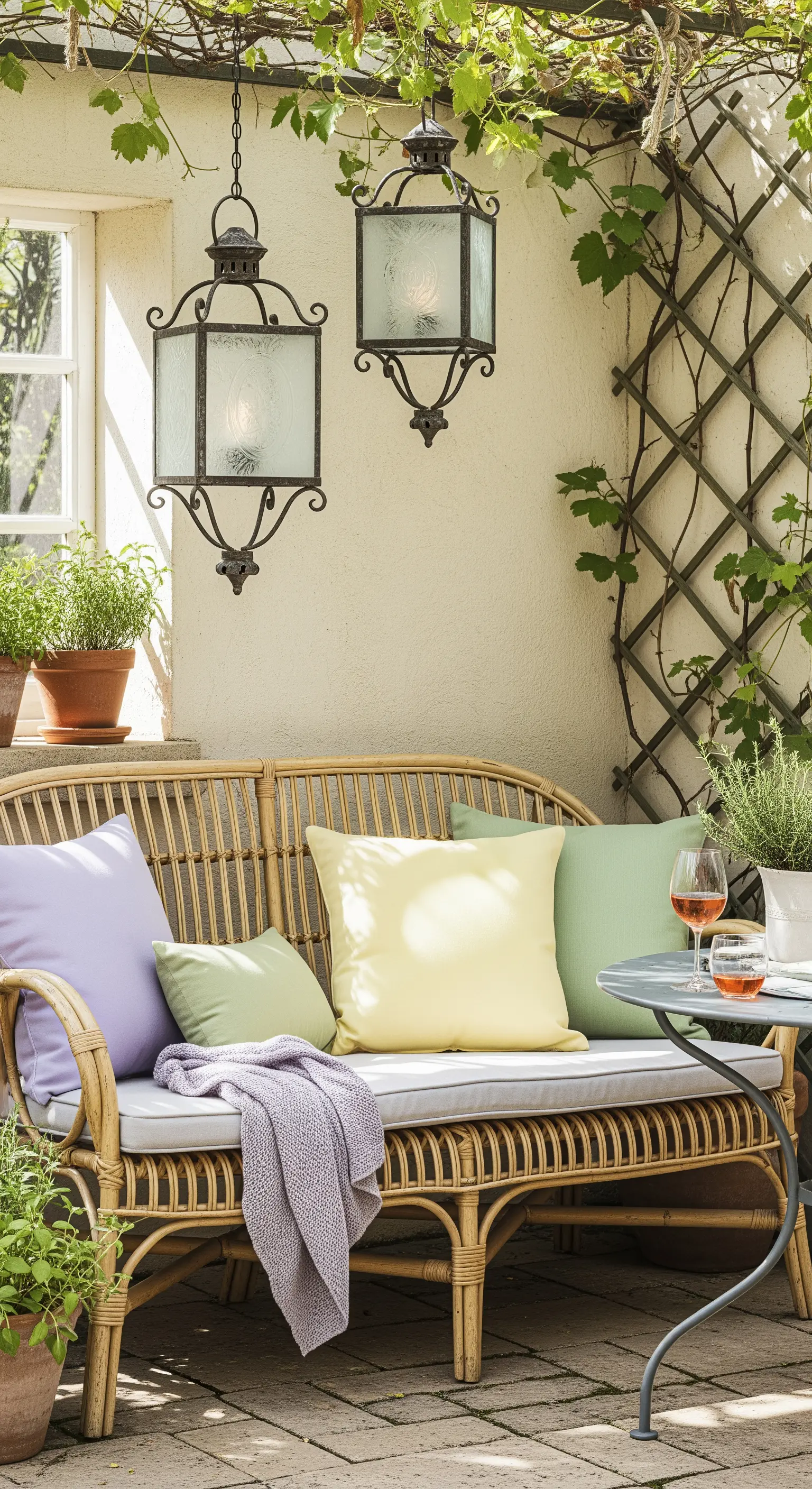 Divano in rattan con cuscini color pastello, affiancato da piante in vaso e lanterne vintage.