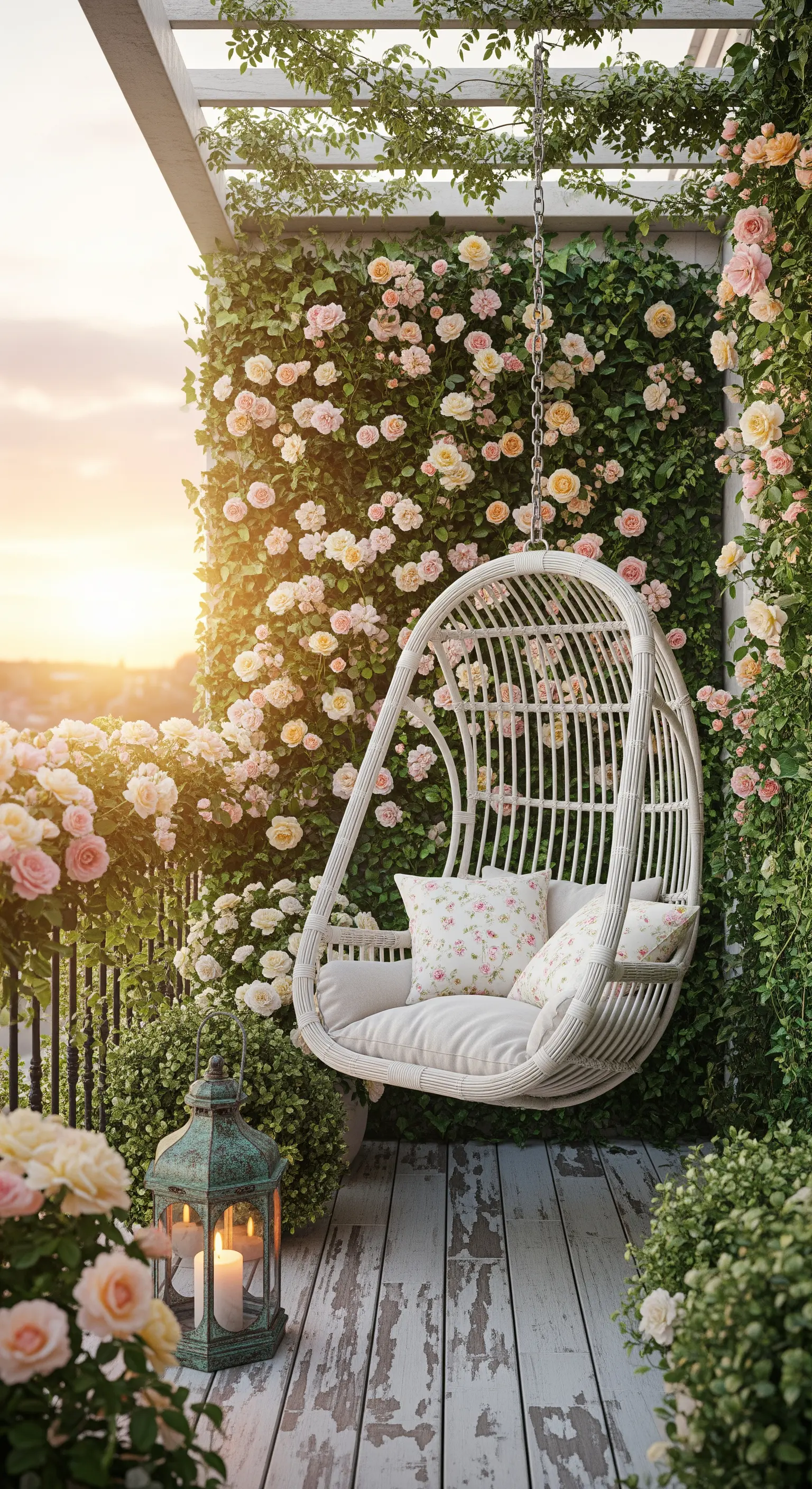 Poltrona sospesa bianca circondata da una parete di rose rampicanti rosa e bianche al tramonto.