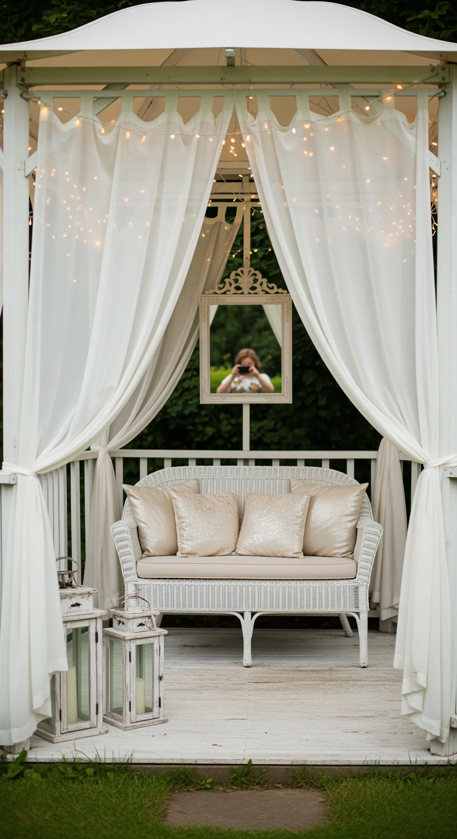 Gazebo bianco con divanetto, tende trasparenti e specchio sospeso.