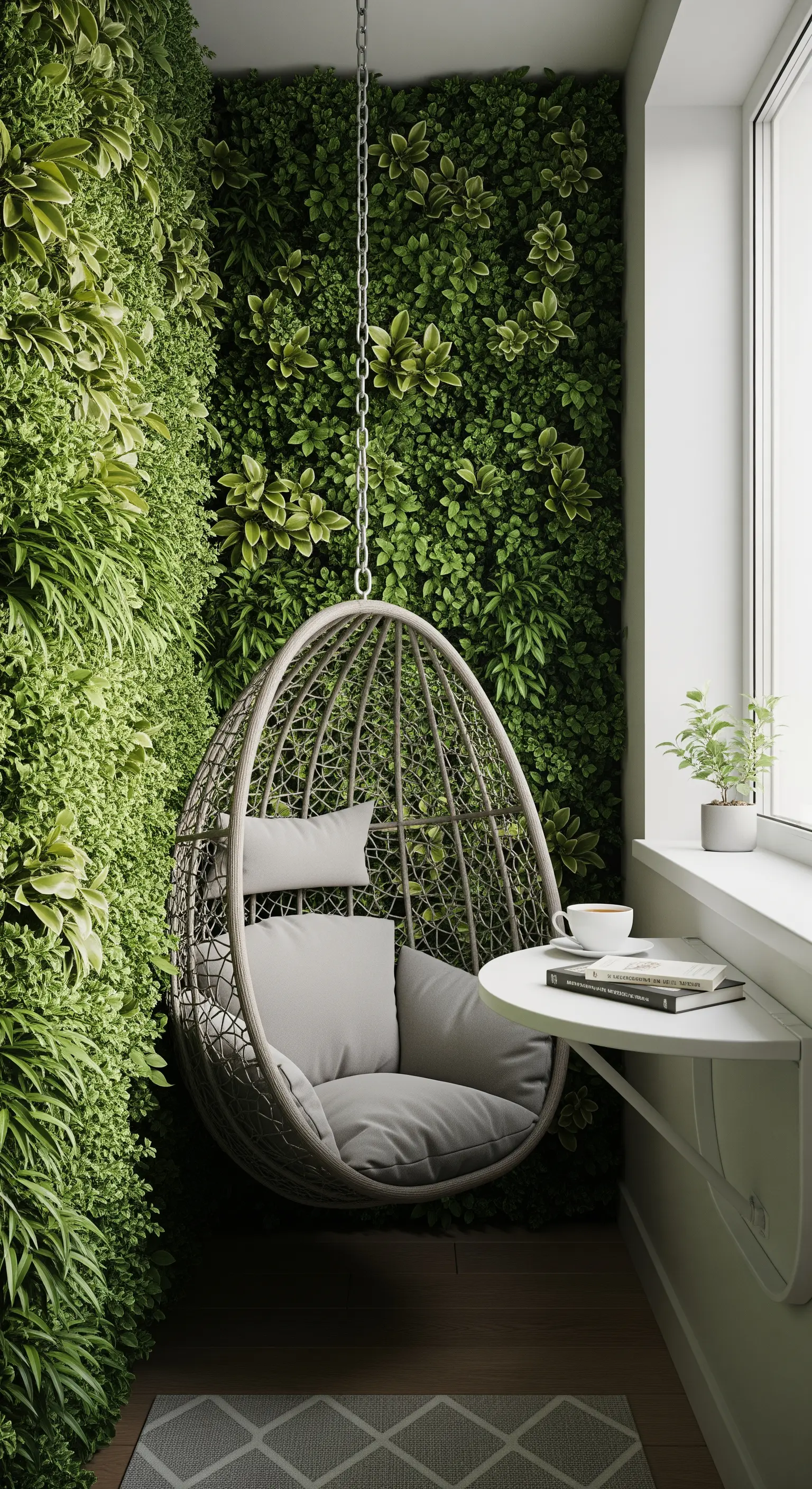 Balcone stretto con parete verde, sedia a uovo sospesa e piccolo ripiano a ribalta