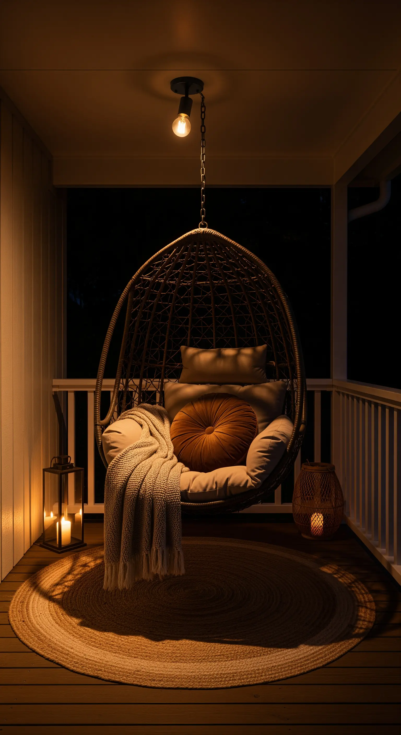 Poltrona sospesa in vimini su un portico, con cuscini, plaid e lanterne.